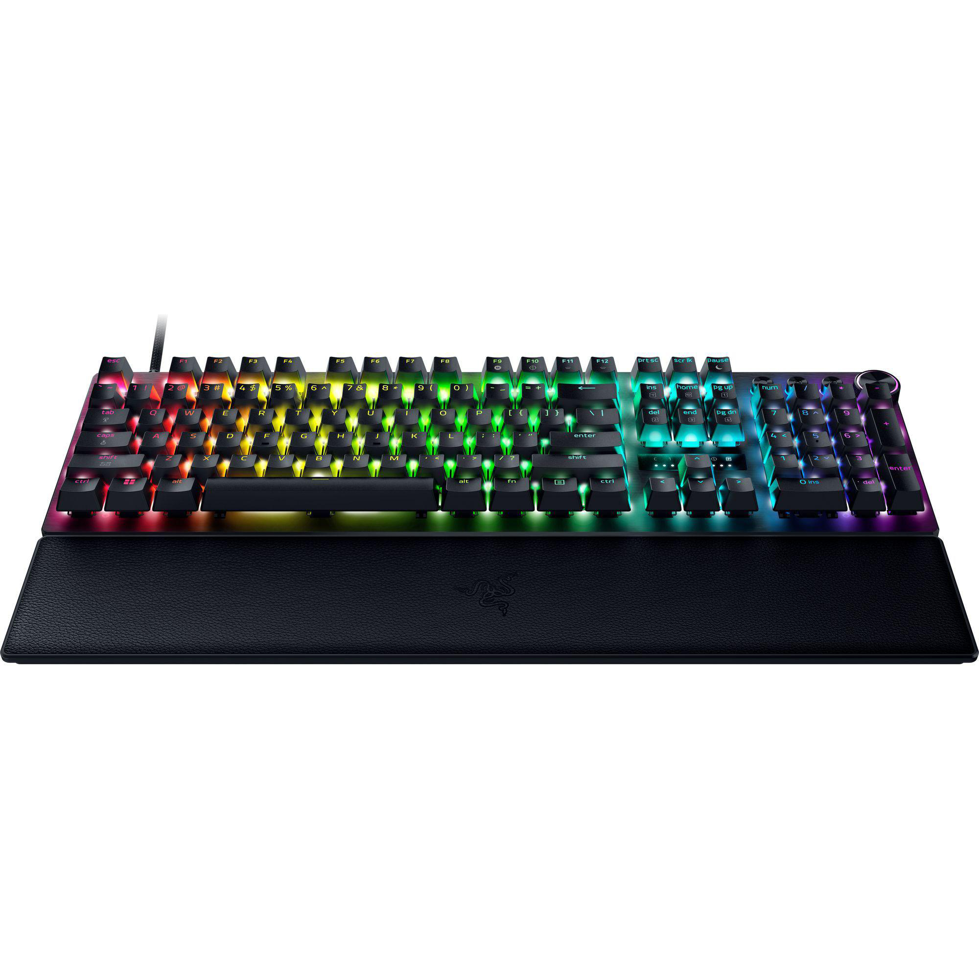 Eine schwarze Tastatur mit RGB-Beleuchtung und einer Handballenauflage.