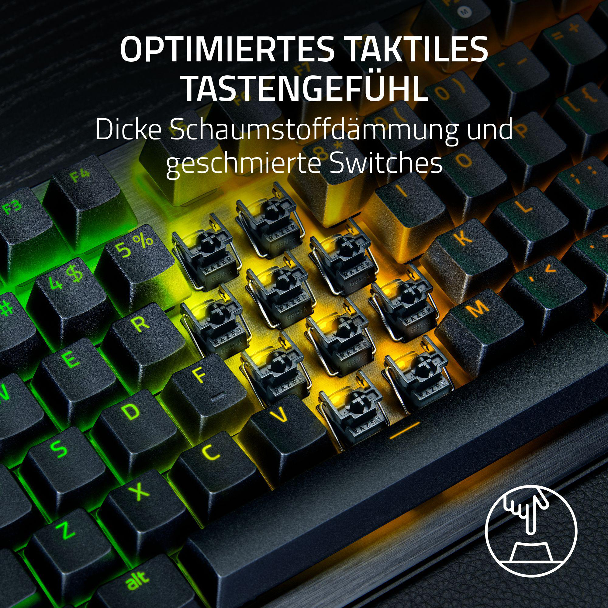Nahaufnahme einer Tastatur mit grüner und gelber Hintergrundbeleuchtung und freigelegten Schaltern.
