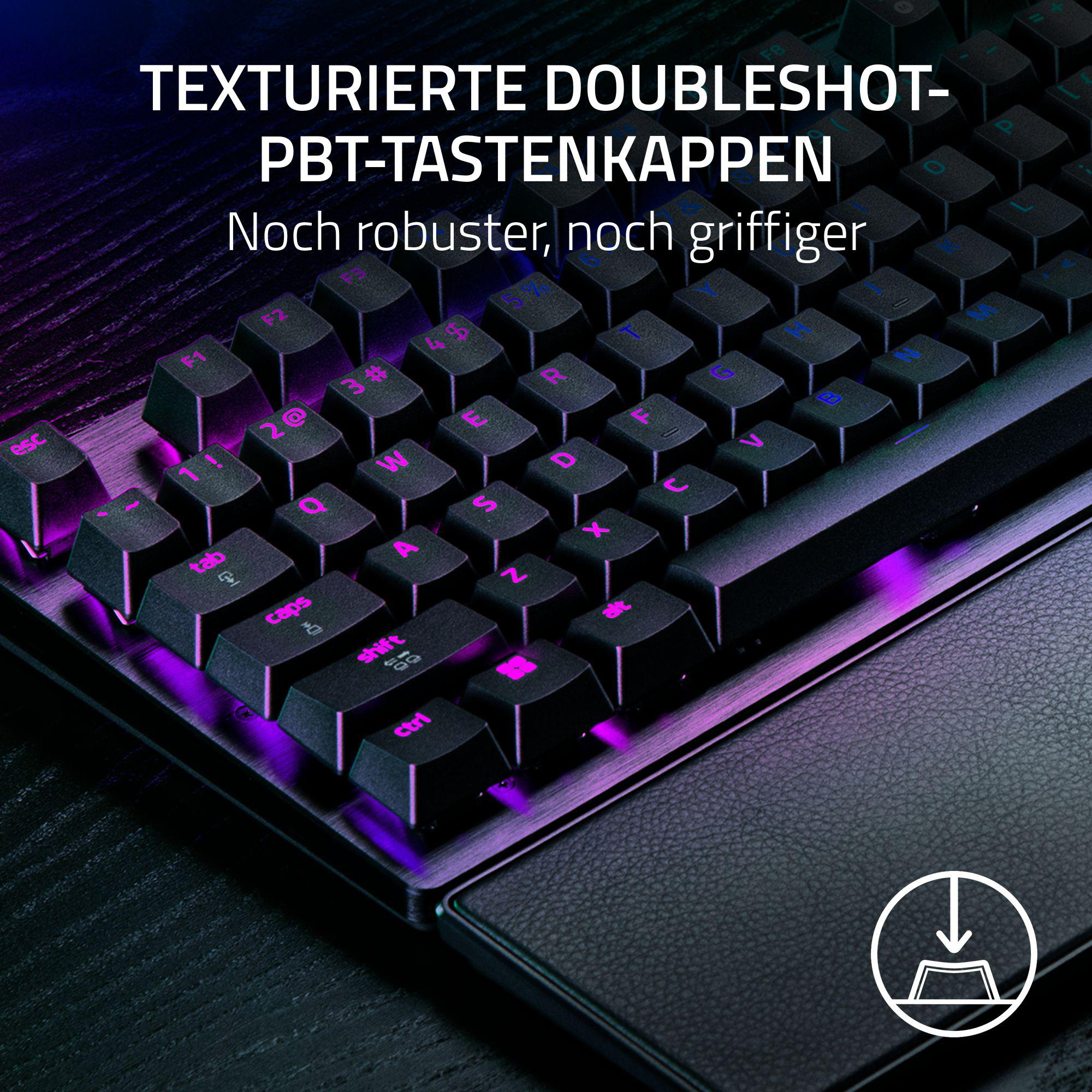 Schwarze Tastatur mit lila Hintergrundbeleuchtung und Textur.