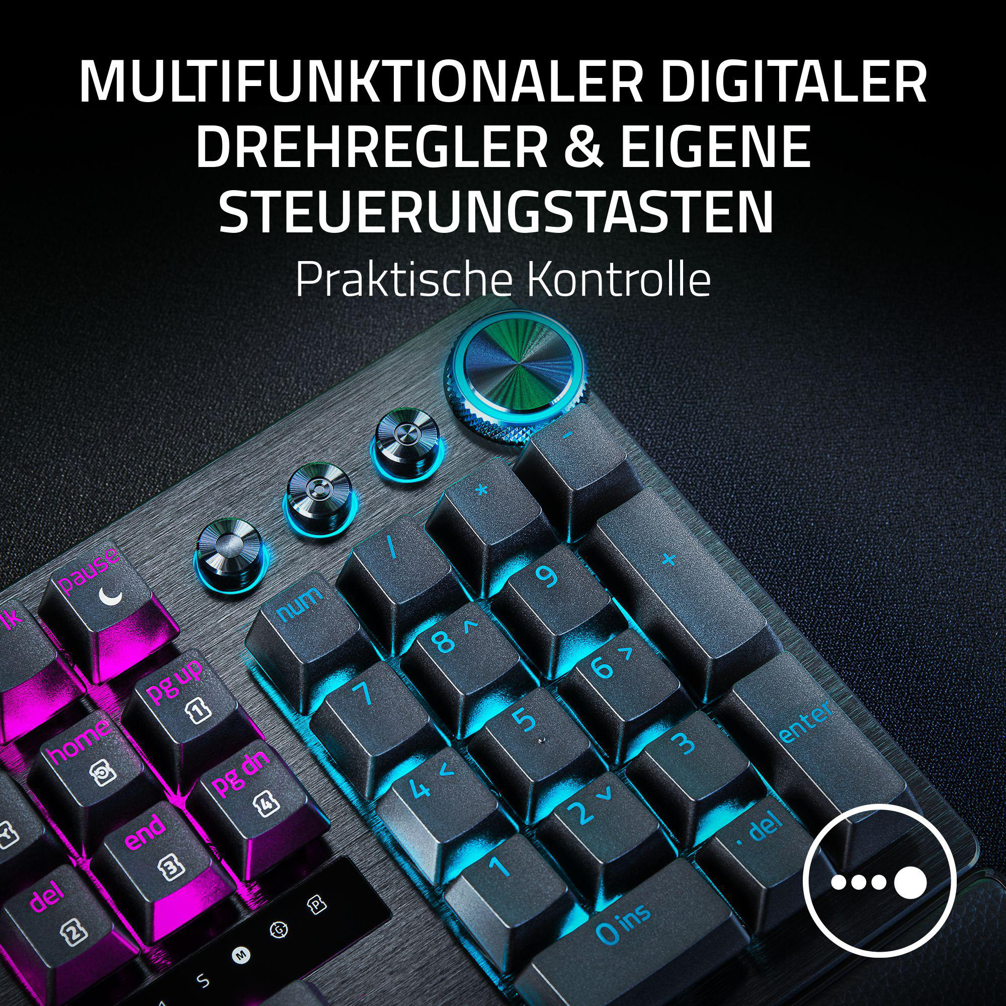 Tastatur mit beleuchteten Tasten und Ziffernblock, mit Drehreglern. Blaue und pinke Beleuchtung.