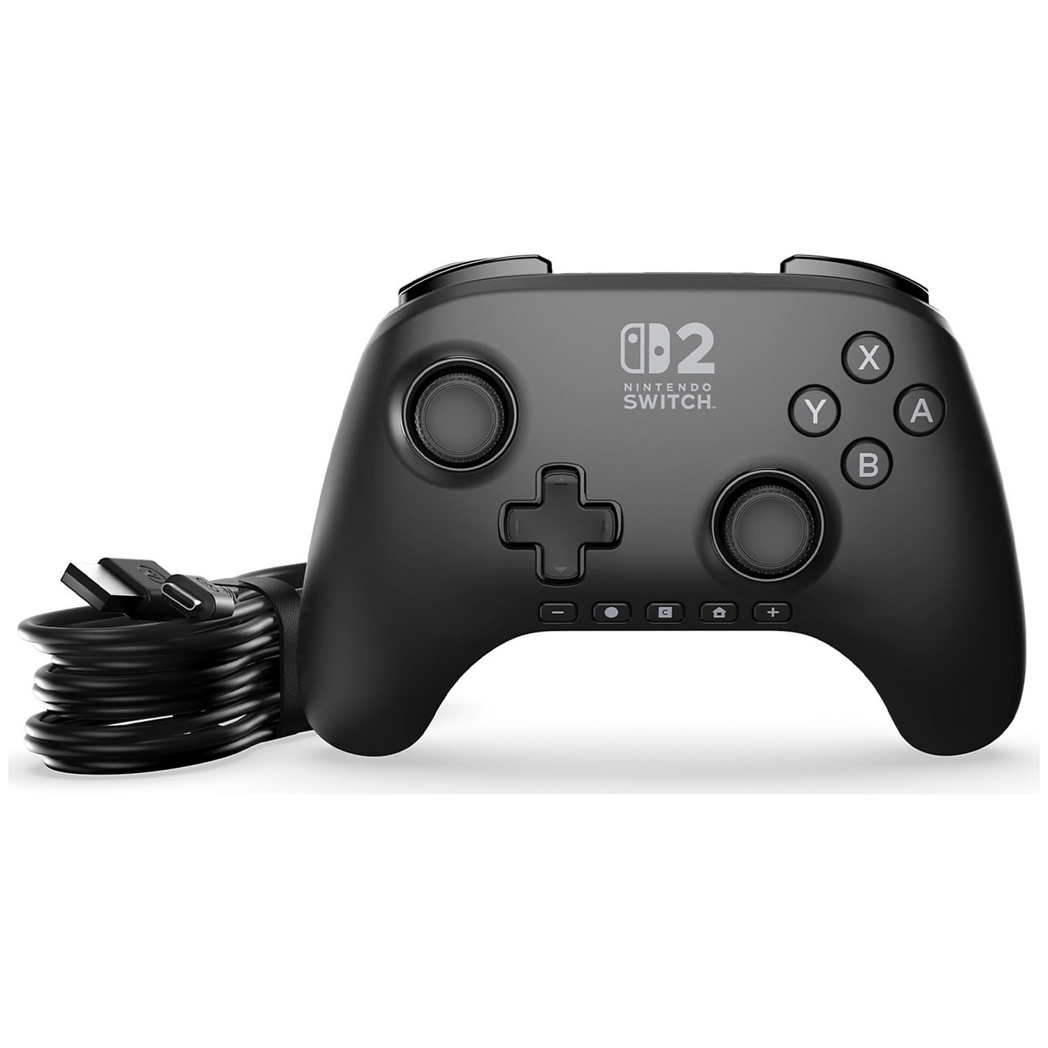 A black Nintendo Switch controller with a cable on a white background.