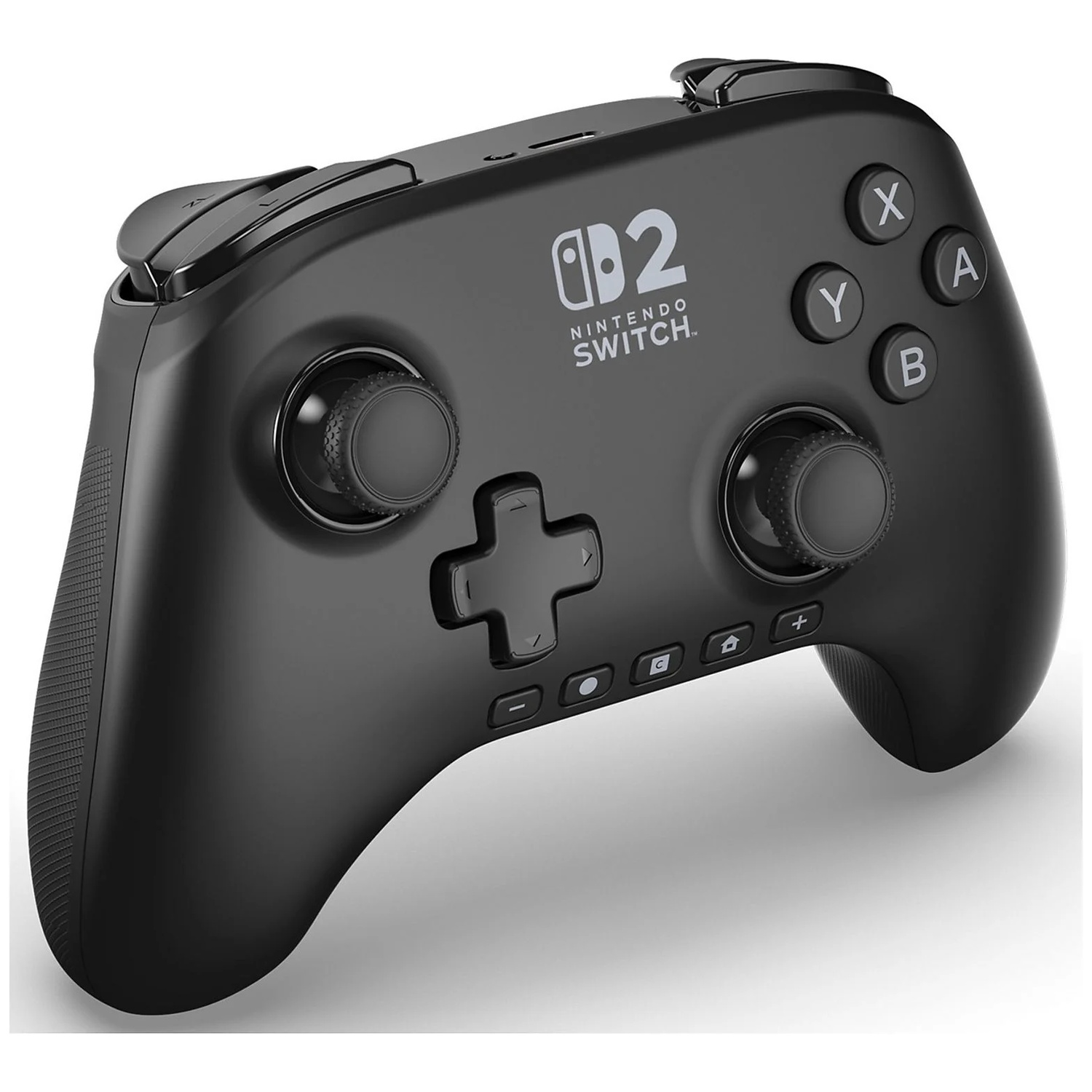 Black Nintendo Switch Pro Controller with analog sticks, buttons, and logo.