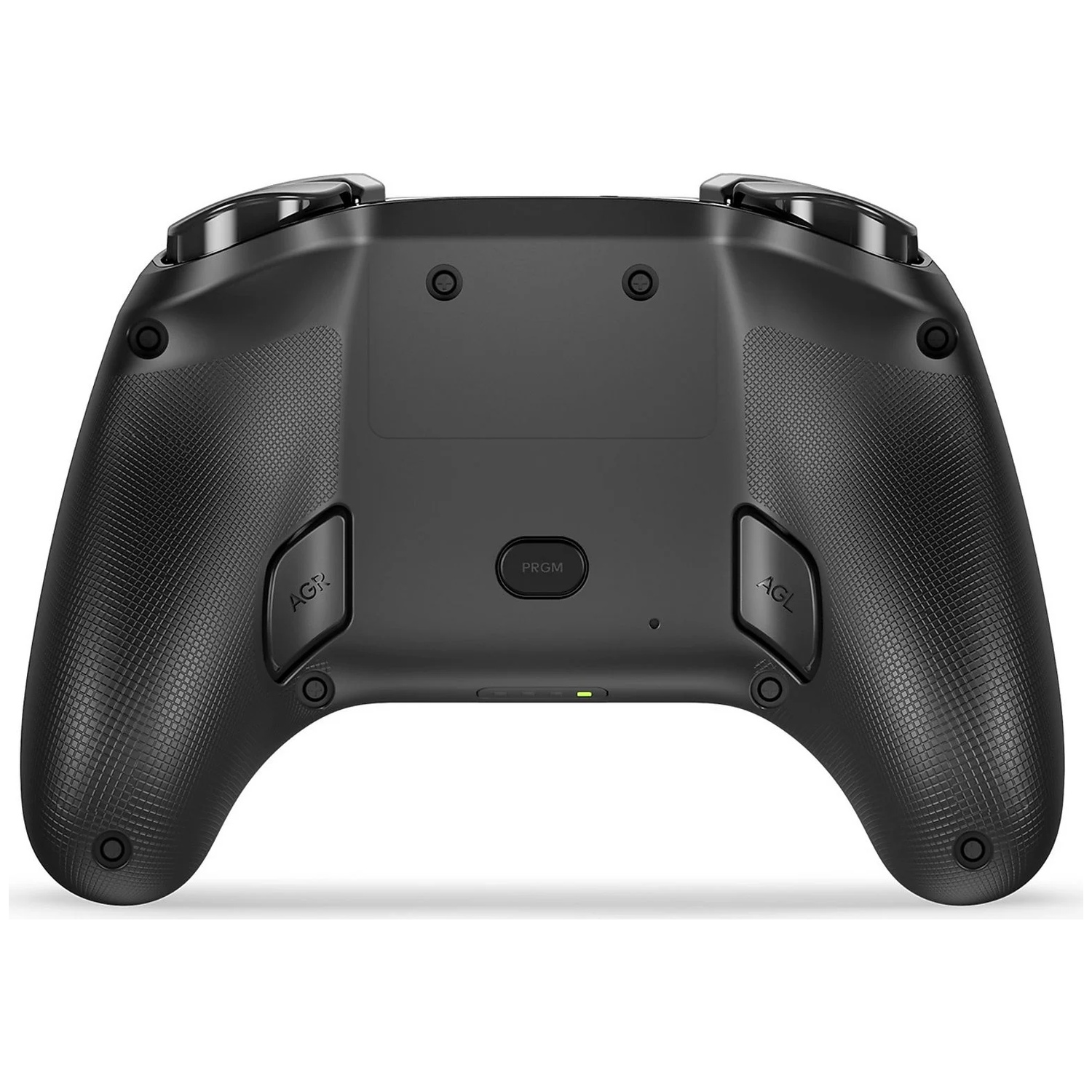 Back view of a black controller with textured grips and buttons.