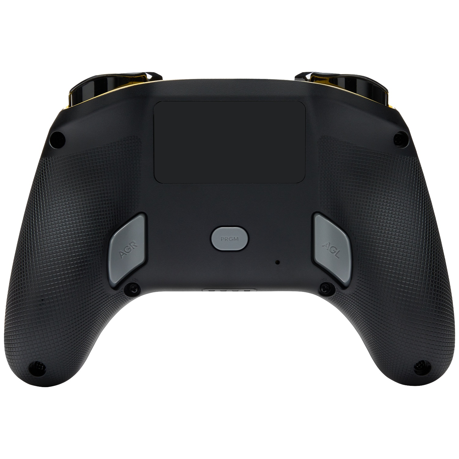 Back of a black controller with yellow accents, AGR and AGL buttons.