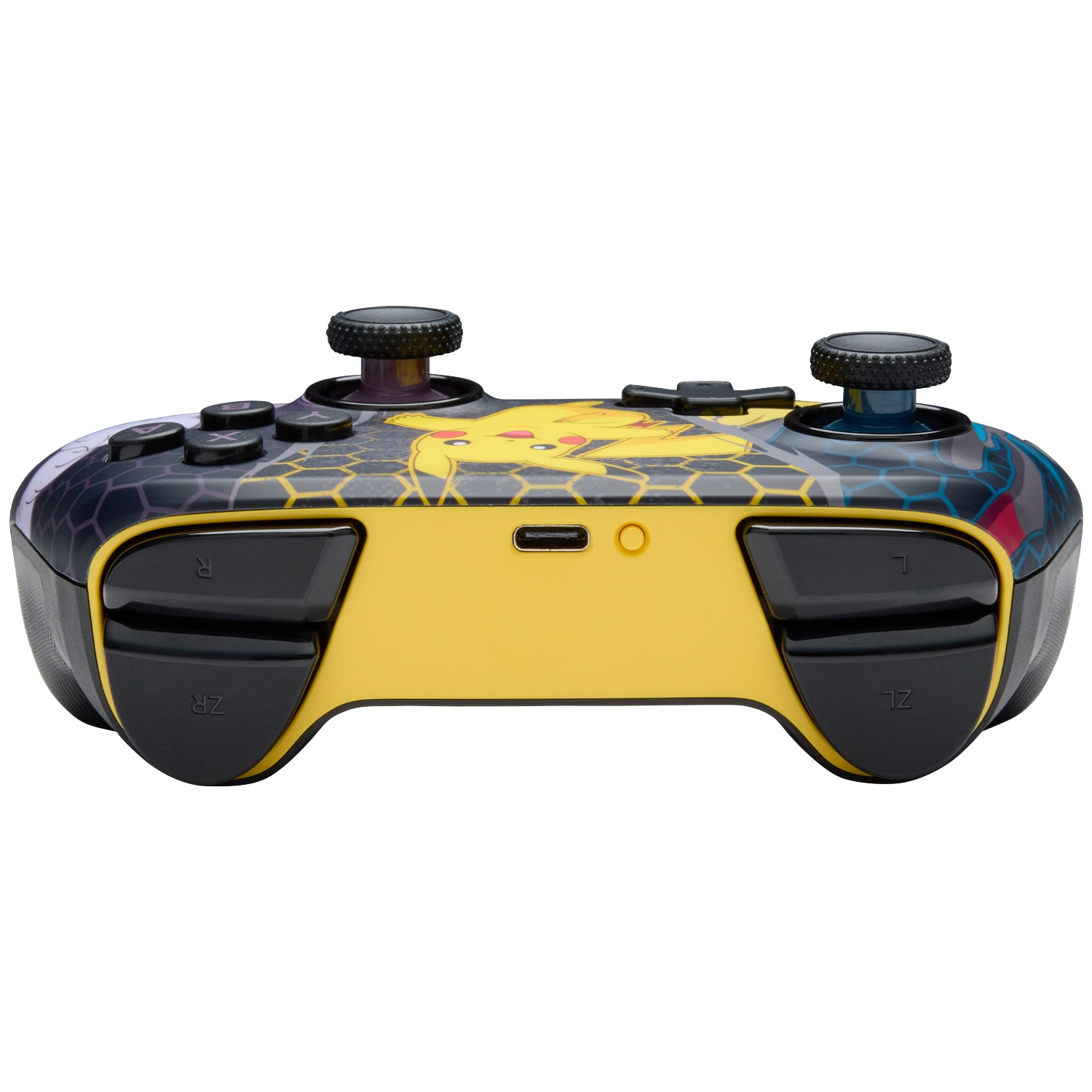 A yellow controller featuring Pikachu, with black buttons and joysticks.