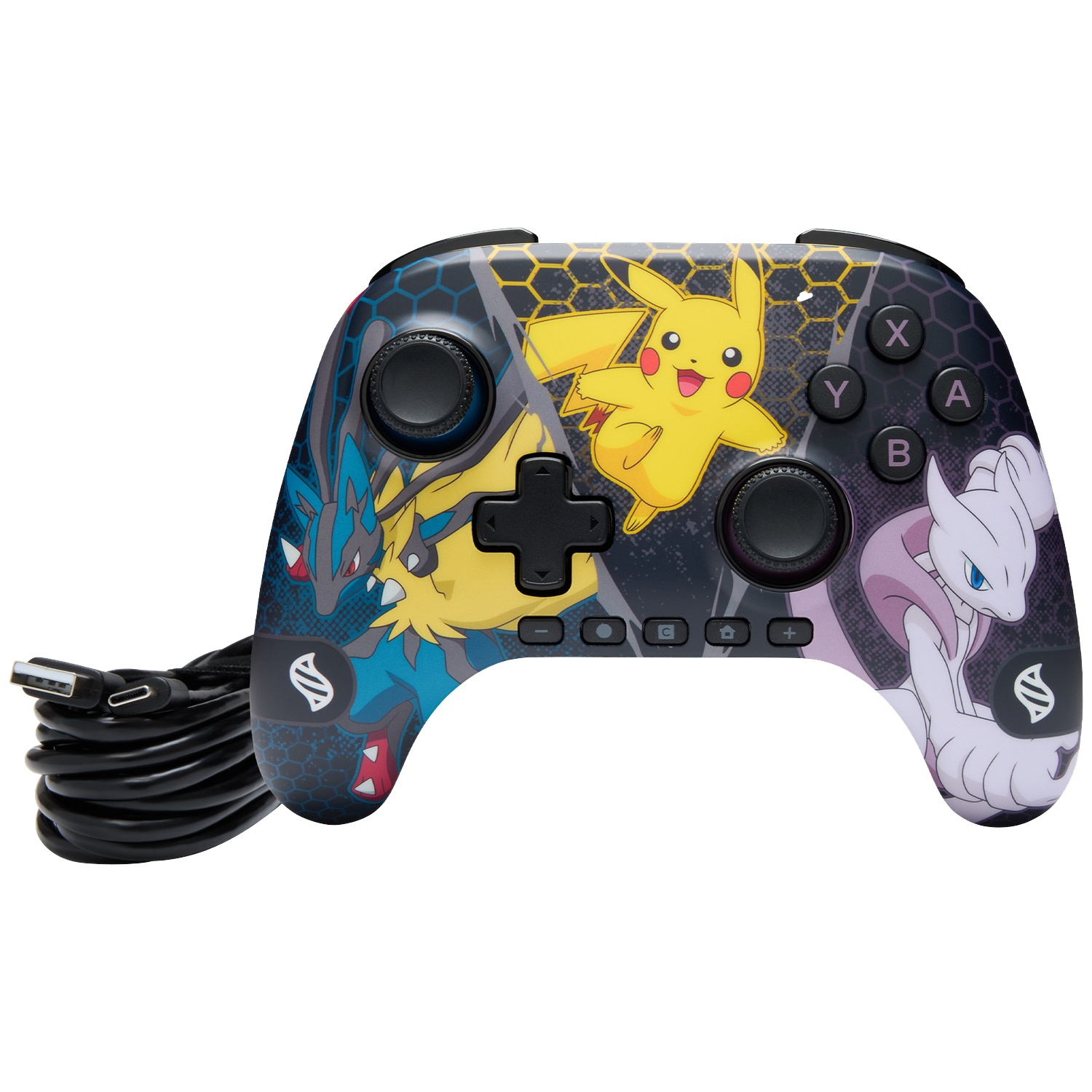 Controller featuring Pokémon: Pikachu, Lucario, and Mewtwo. Black cable attached.