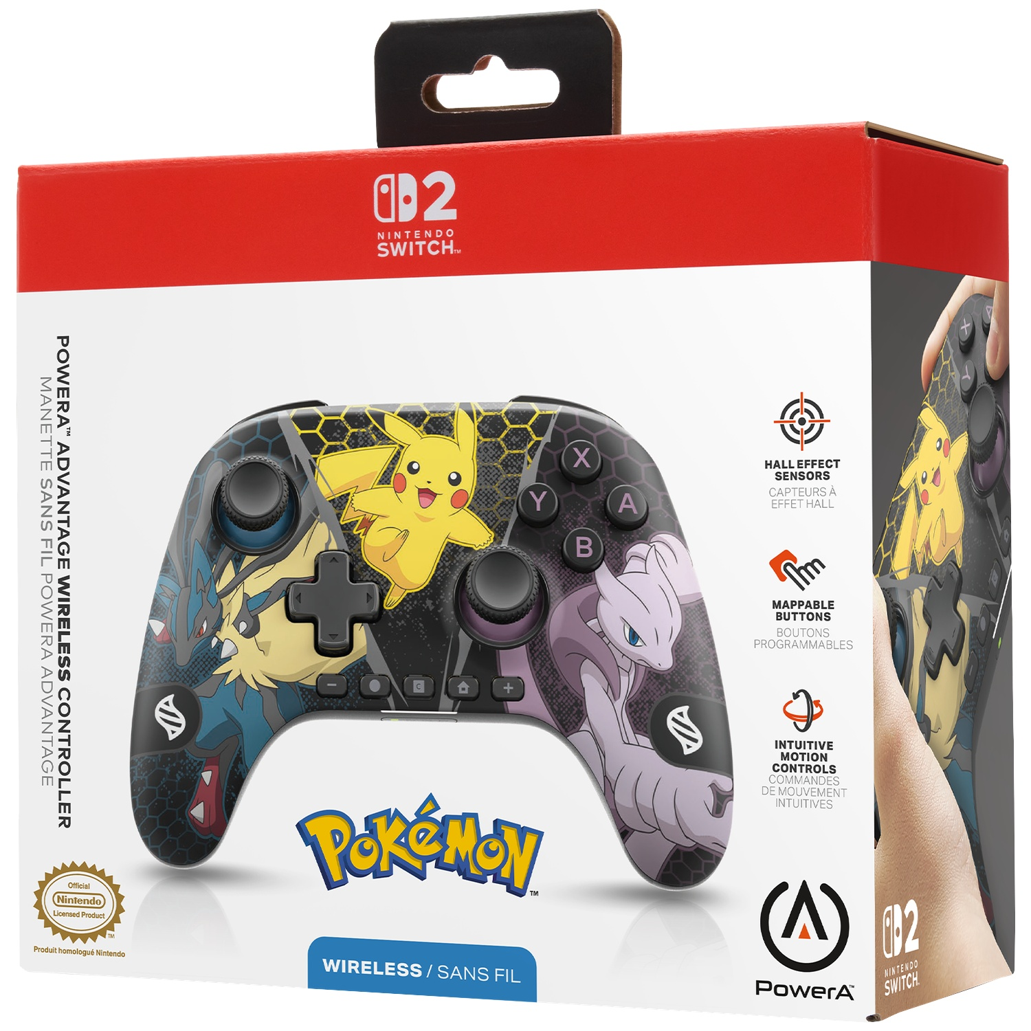 A Nintendo Switch controller featuring Pokémon characters: Pikachu, Mewtwo, and Charizard on a black background.