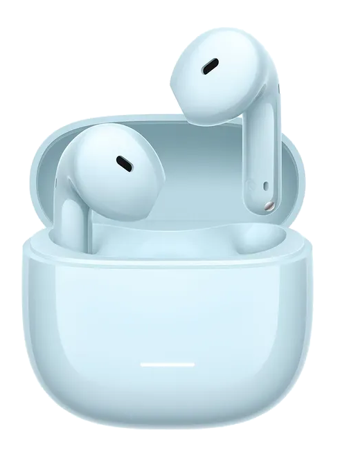 Jasnoniebieskie słuchawki bezprzewodowe w otwartym etui ładującym.