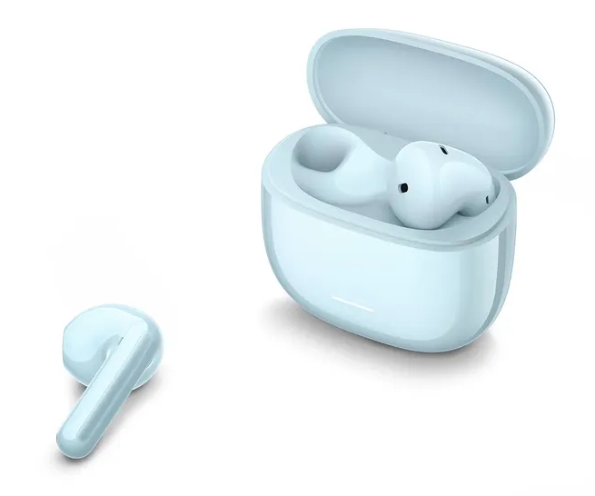 Jasnoniebieskie słuchawki bezprzewodowe, pojedyncza słuchawka i otwarta ładowarka.