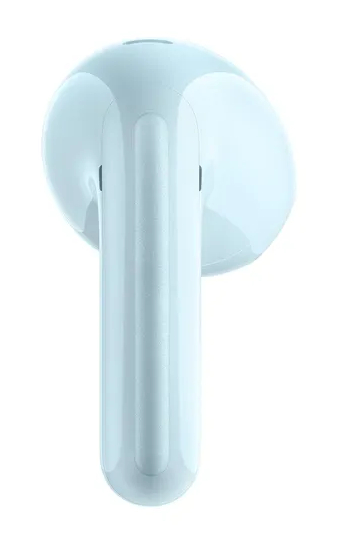Jasnoniebieski bezprzewodowy słuchawka na białym tle.