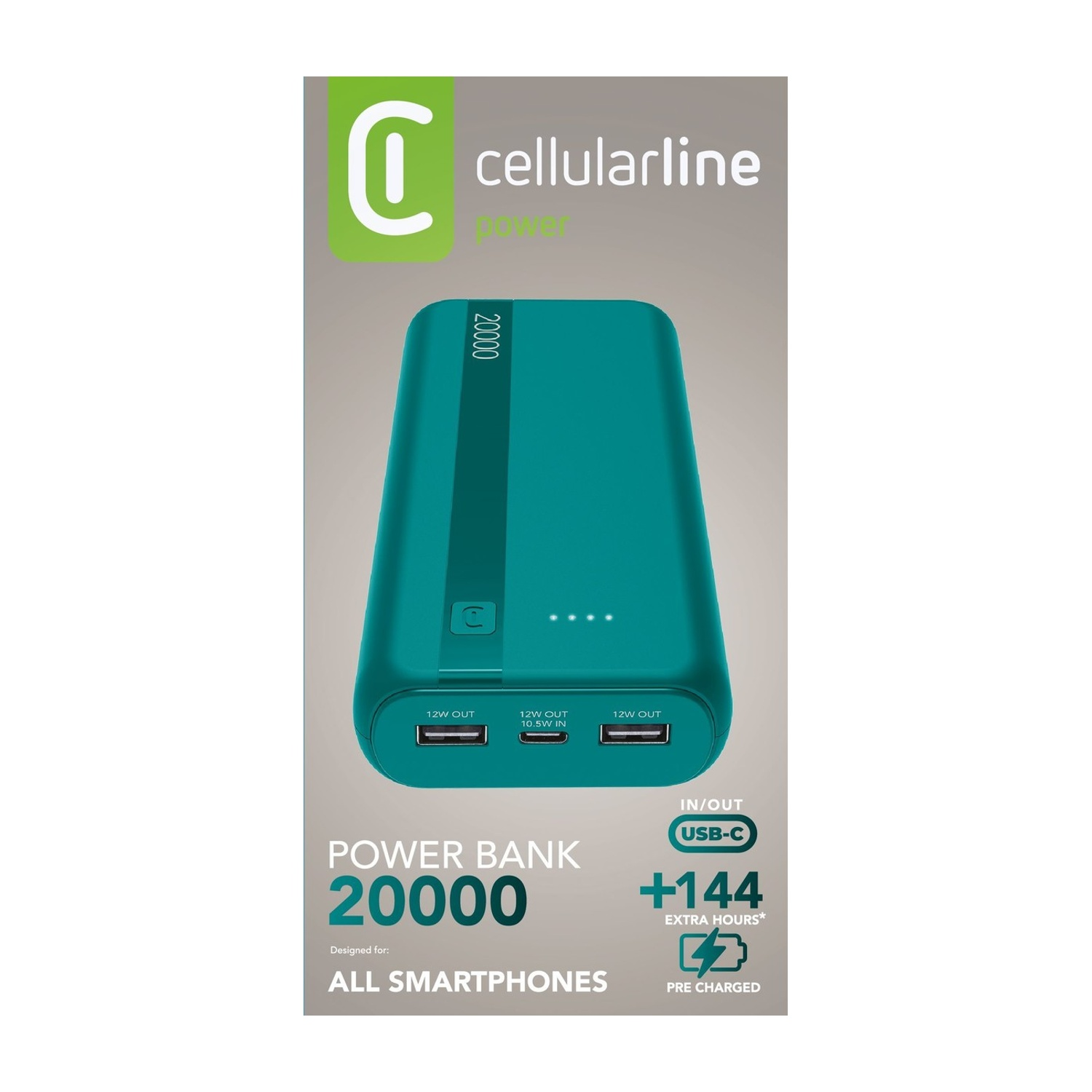 Un power bank Cellularline 20000 color petrolio con porte USB ed etichette.