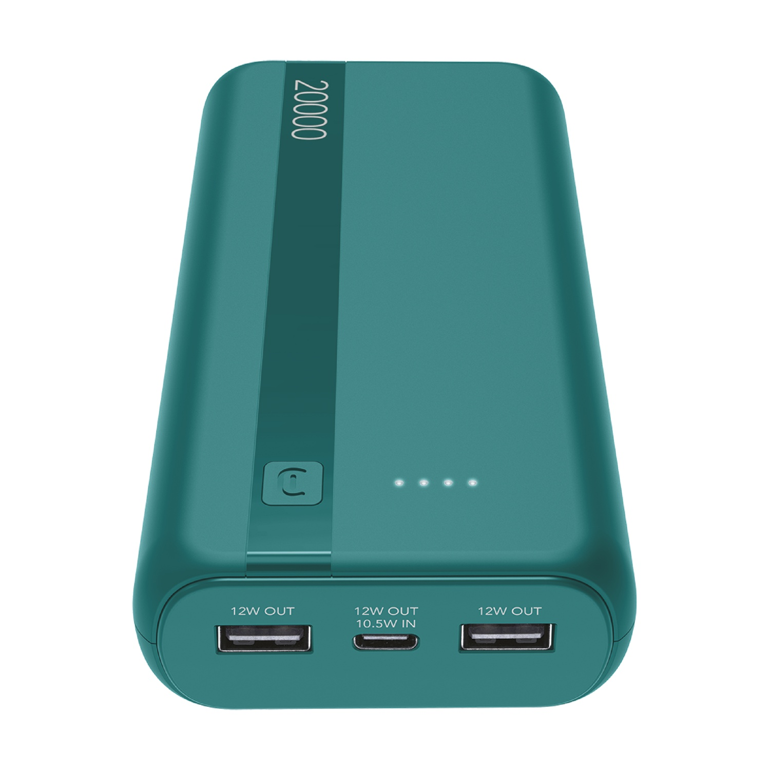 Un power bank color turchese da 20000 con porte USB.