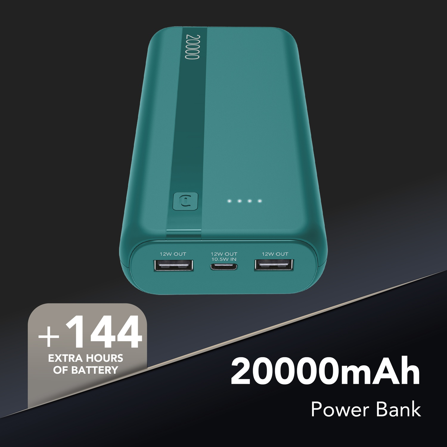 Power bank turchese da 20000mAh con porte USB e indicatore batteria.