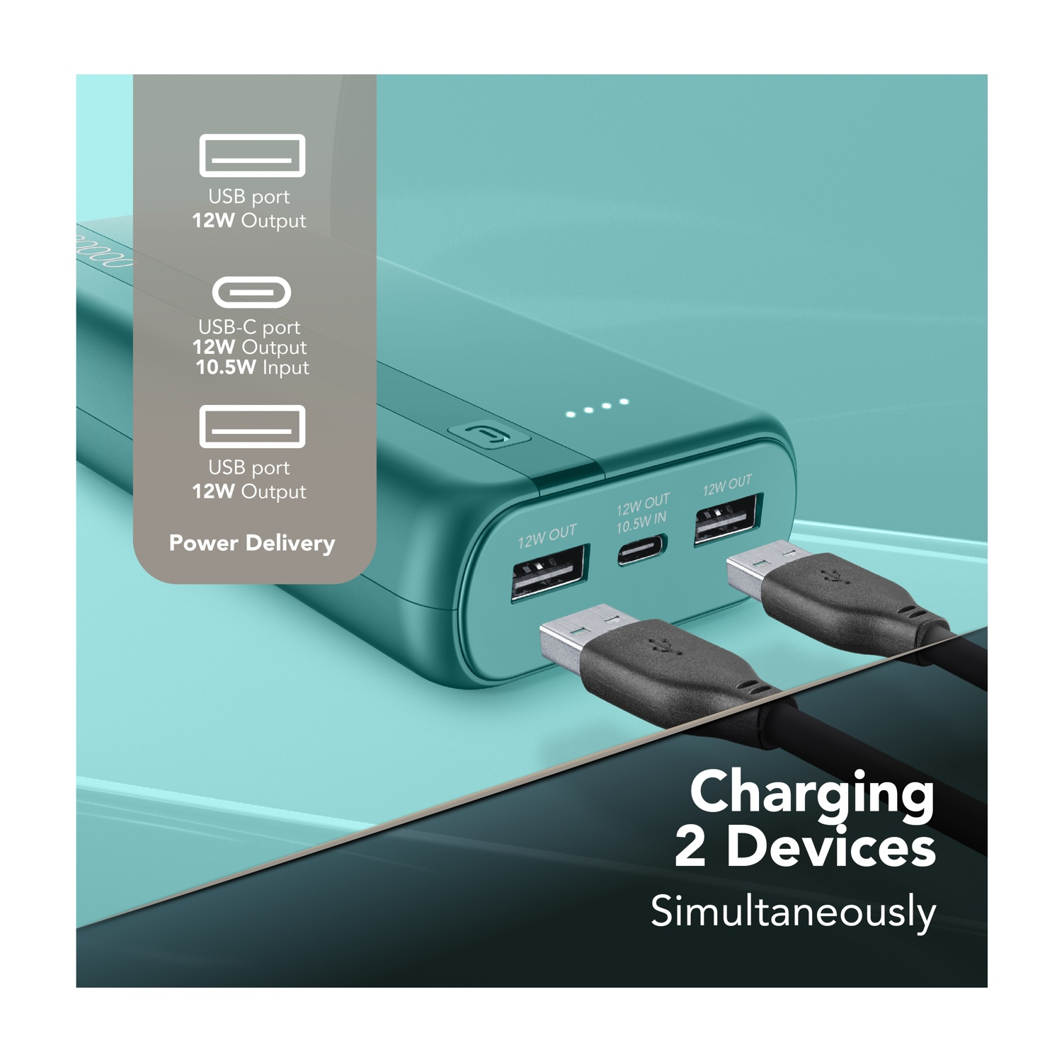 Power bank verde acqua carica due dispositivi tramite porte USB. Con Power Delivery.