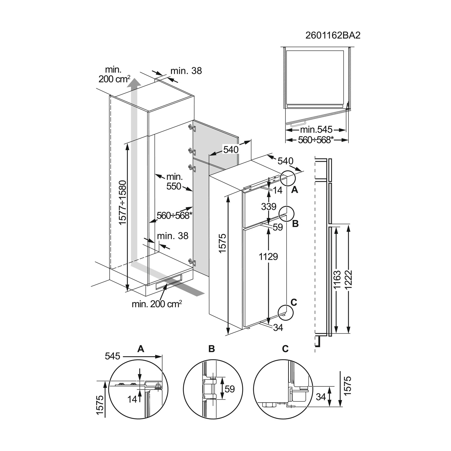 Disegno tecnico di un frigorifero con dimensioni e dettagli di installazione.