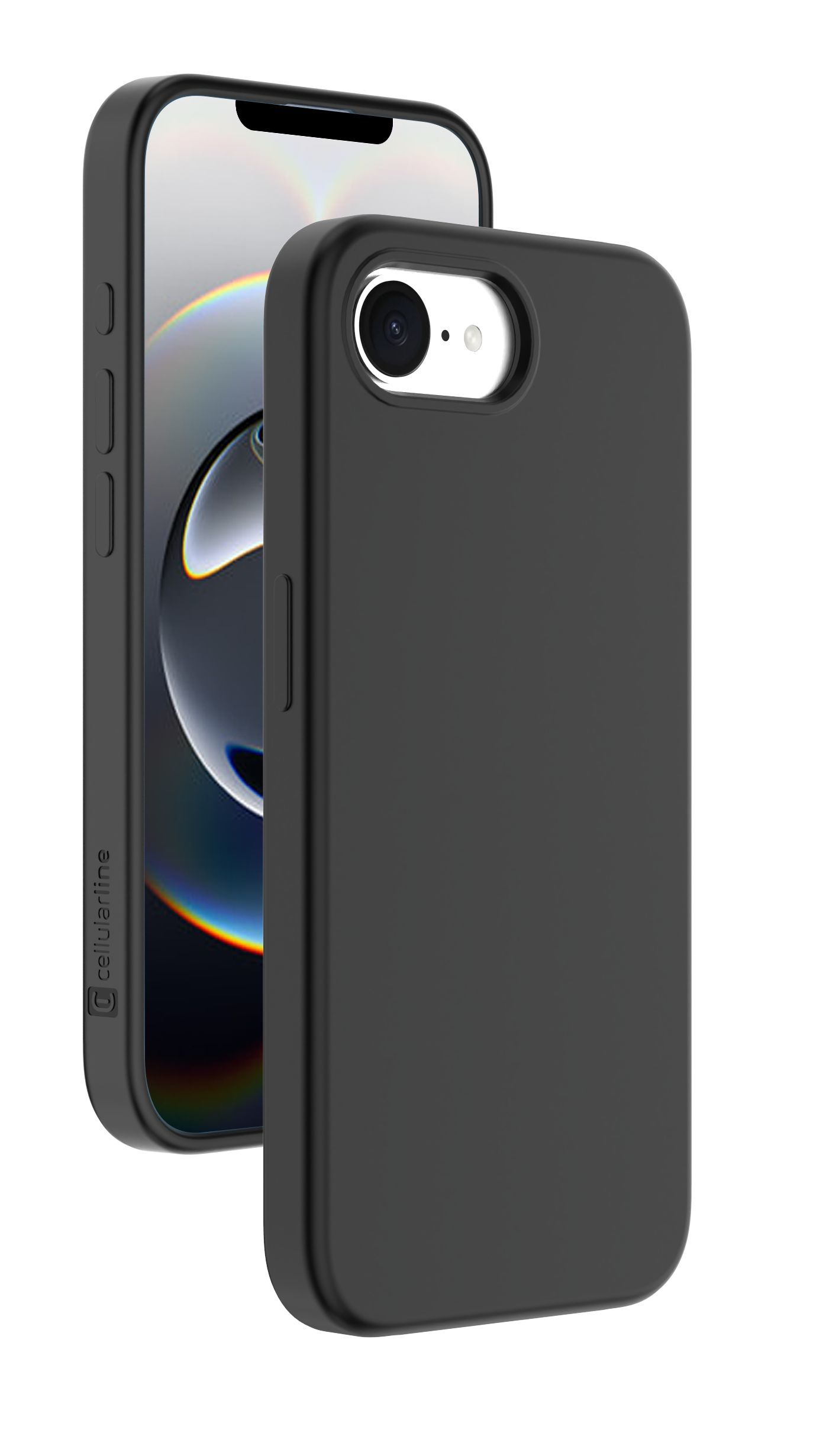 Funda de teléfono negra con cámara trasera y fondo de arcoíris.