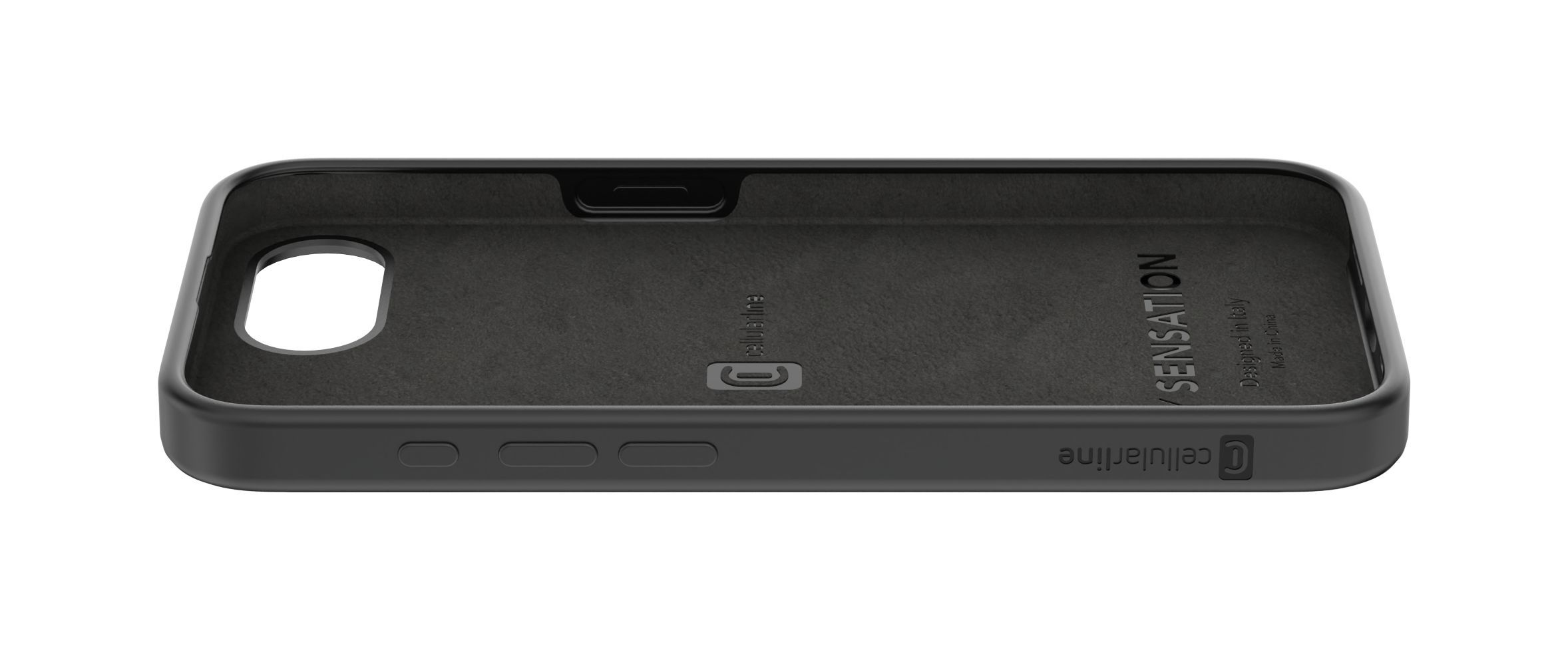 Funda de teléfono negra con logo y texto en relieve.