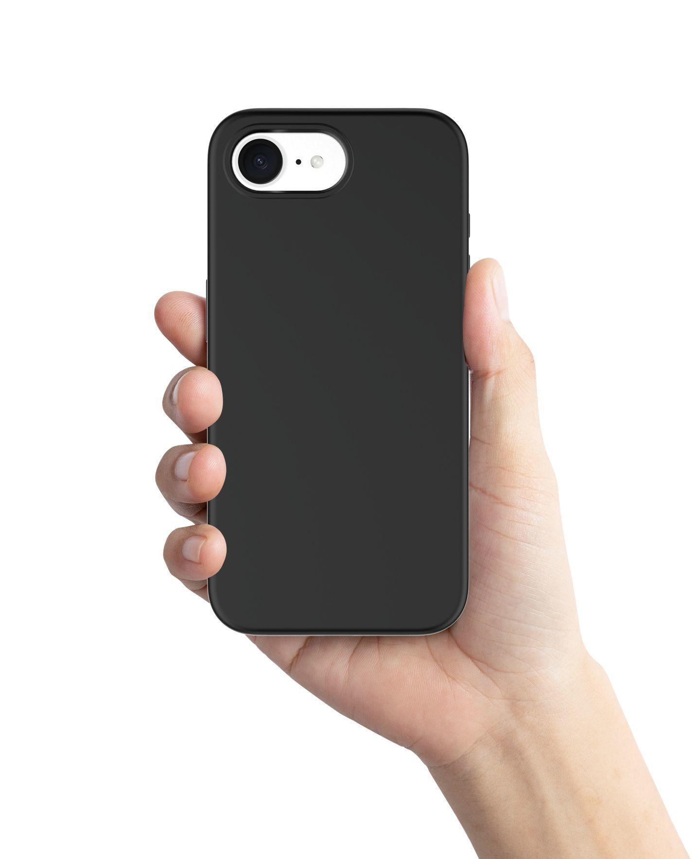Una mano sostiene un teléfono inteligente negro con dos lentes de cámara.