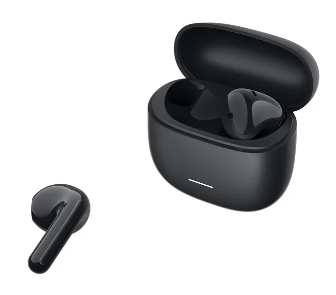 Czarne słuchawki bezprzewodowe z otwartym etui ładującym i jednym wkładem obok.