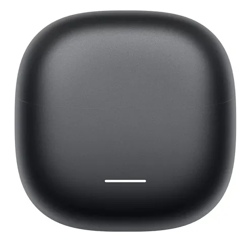 Ciemne, matowe etui ładujące do słuchawek bezprzewodowych z białą linią.