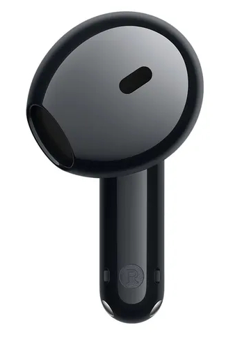 Czarny, błyszczący bezprzewodowy wkładka douszna z małym owalnym otworem i symbolem R.