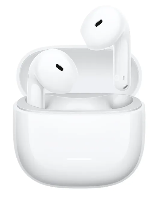 Białe słuchawki bezprzewodowe w otwartym etui ładującym.