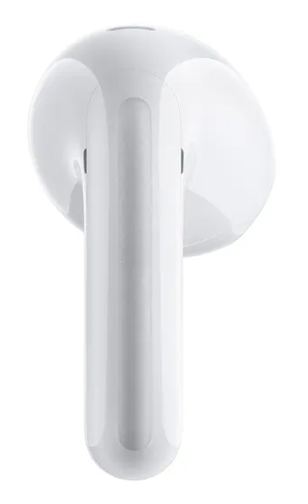 Biały bezprzewodowy wkładka douszna na białym tle.