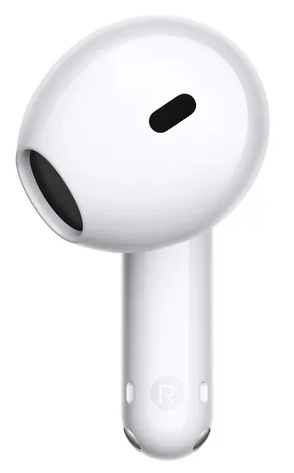 Biała prawa słuchawka douszna z czarną kratką głośnika i otworem mikrofonu.