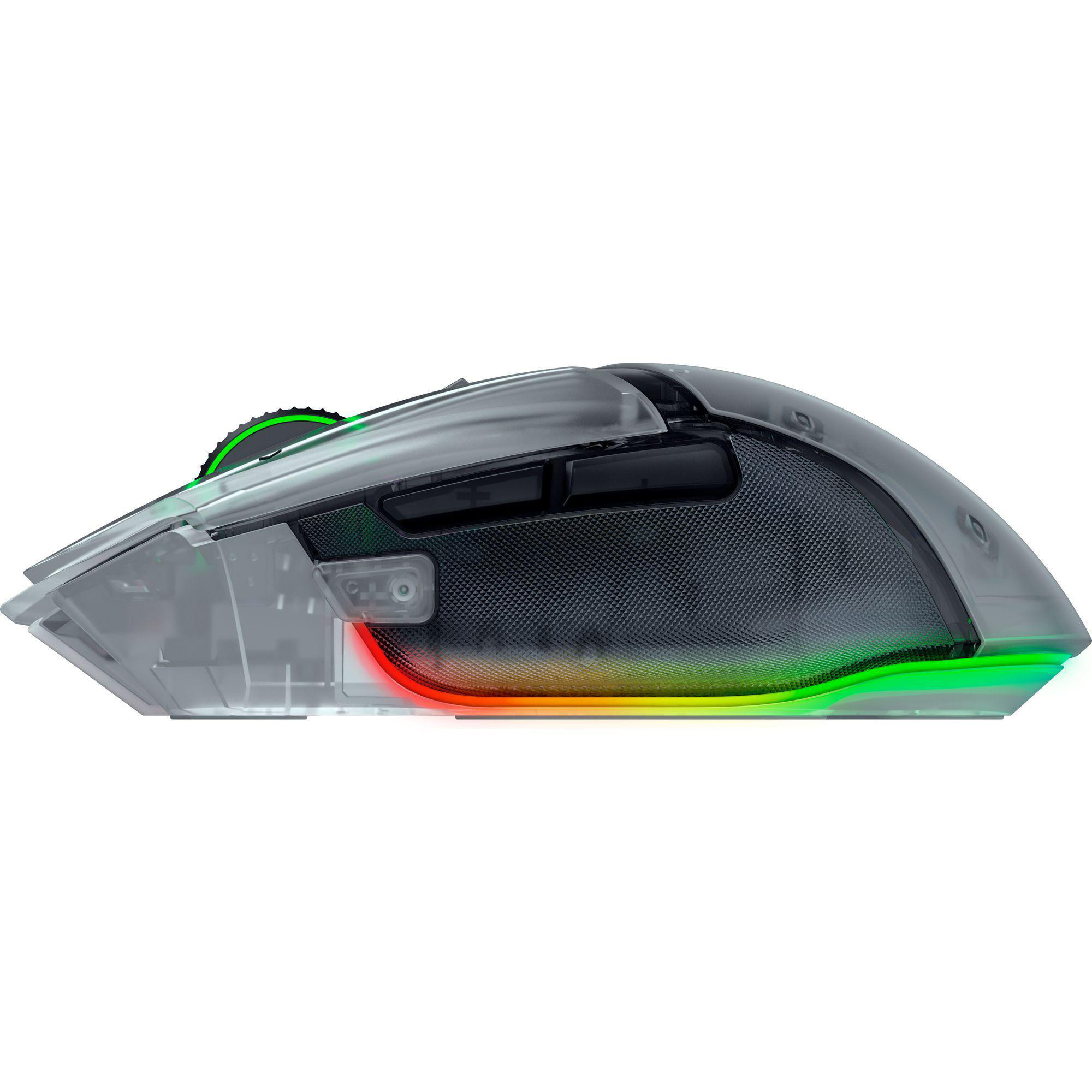 Transparente Maus mit RGB-Beleuchtung und schwarzem Gittermuster.