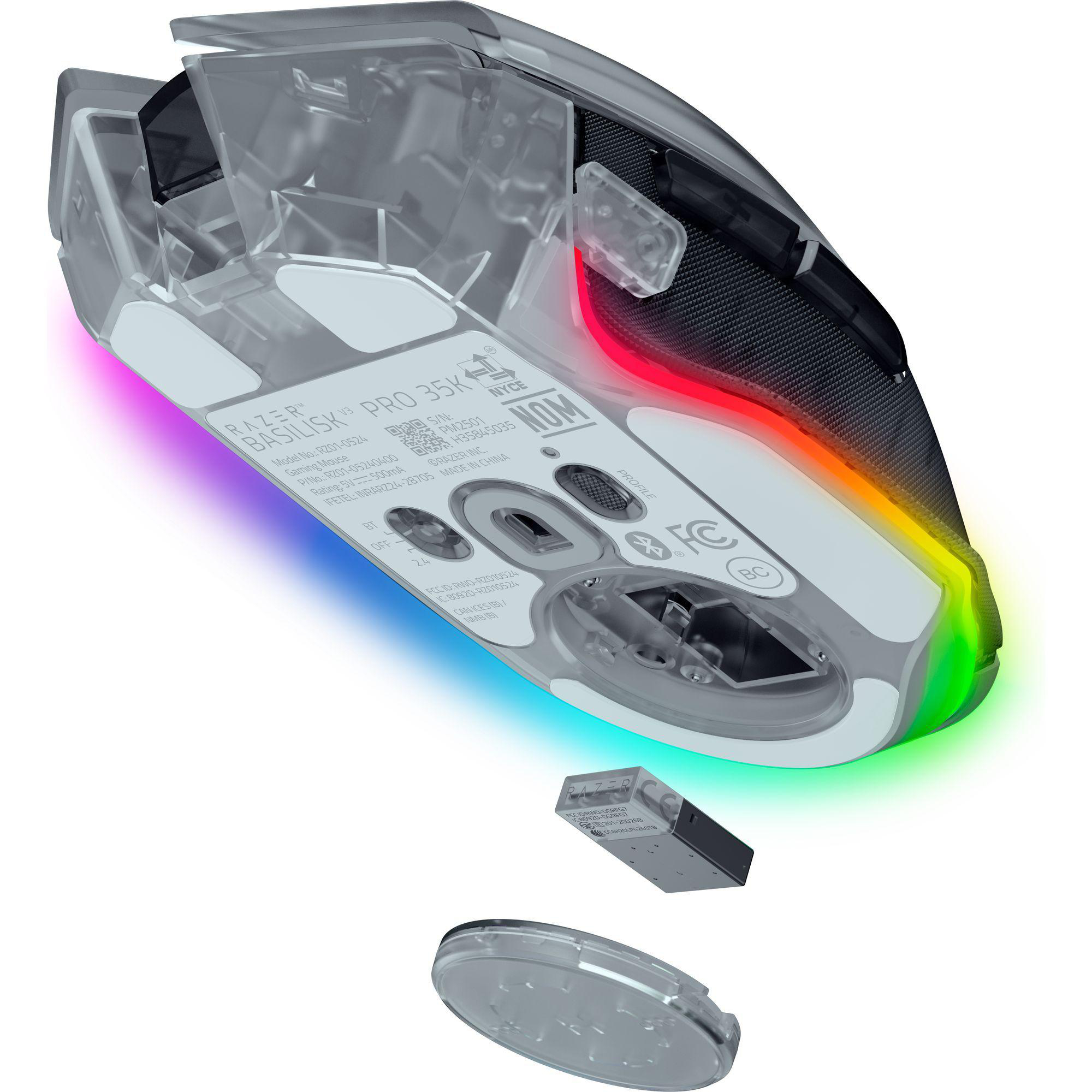 Ein transparenter Gaming-Maus mit RGB-Beleuchtung und abnehmbaren Teilen.