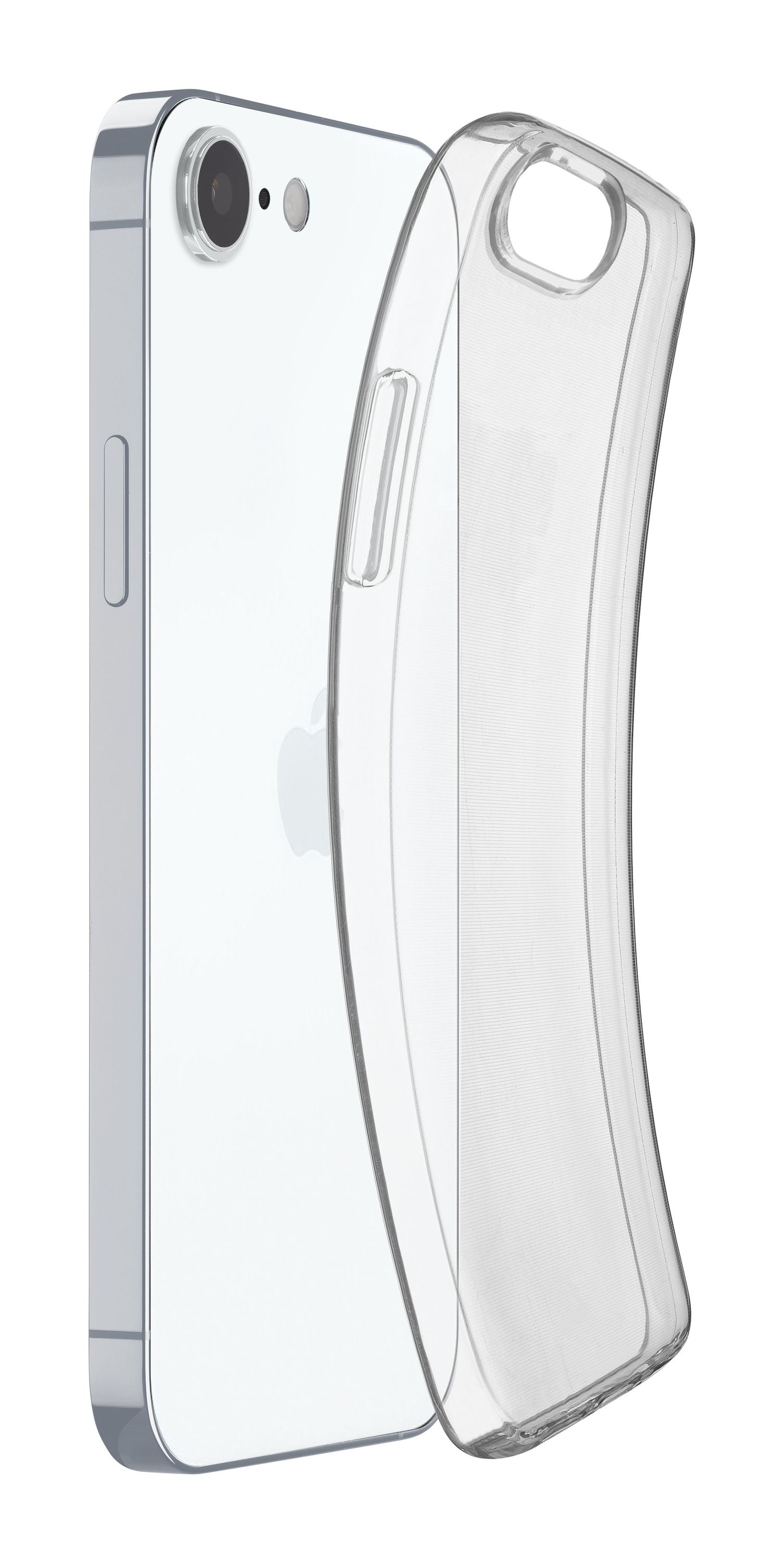 Una funda transparente para teléfono junto a un smartphone plateado.