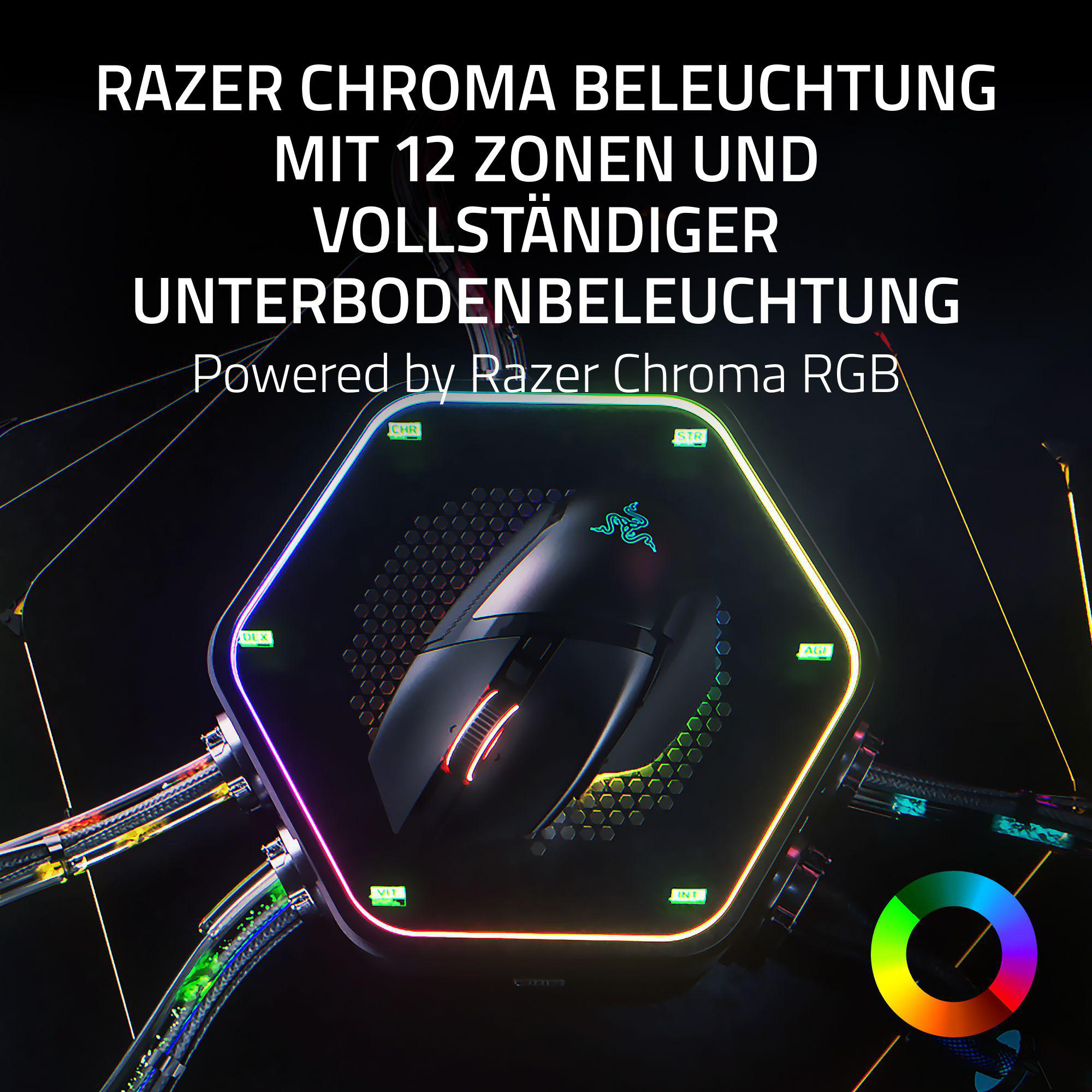Razer Chroma Maus mit 12 Zonen und Unterbodenbeleuchtung, RGB-Farbrad.
