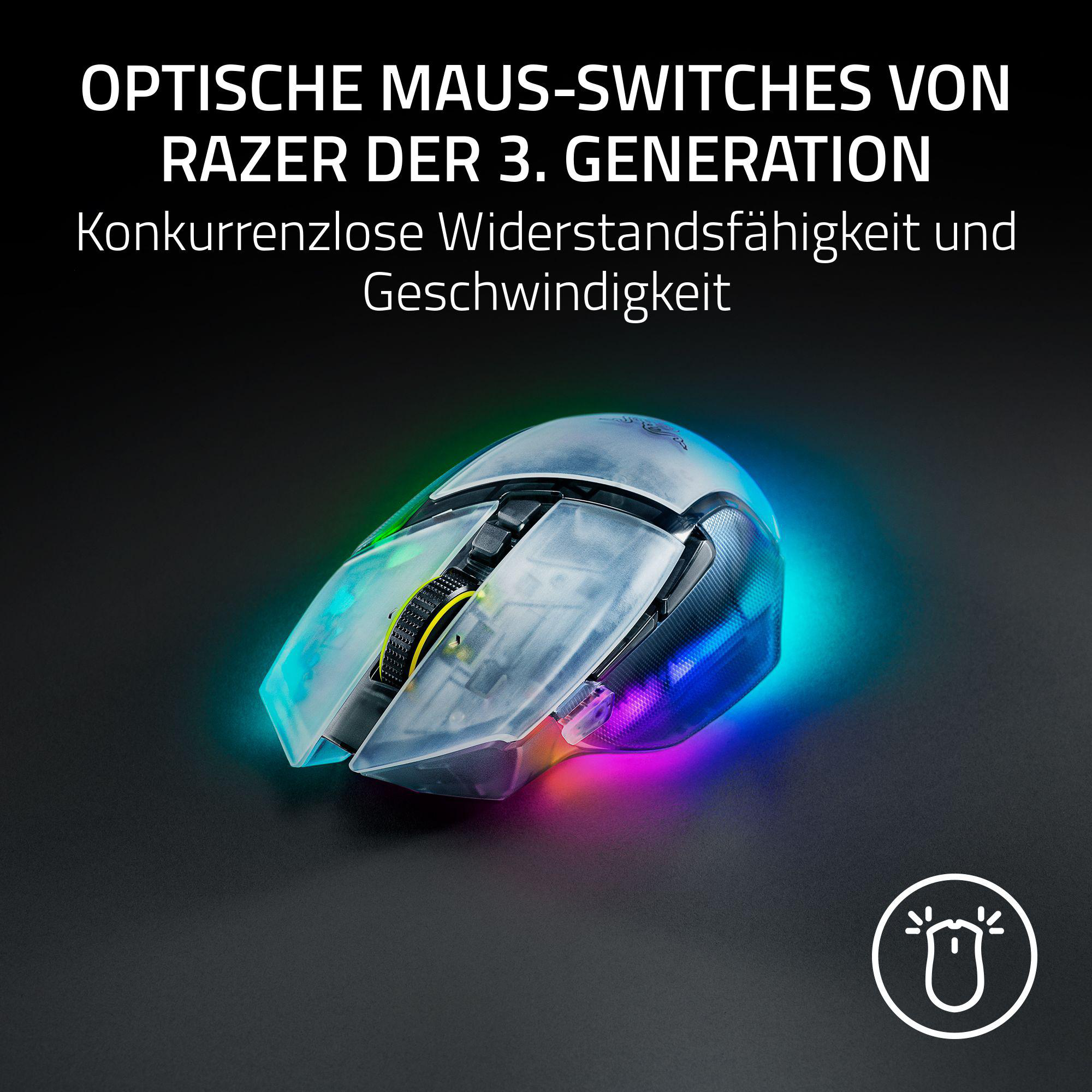 Transparente Razer Gaming-Maus mit RGB-Beleuchtung auf dunklem Hintergrund.