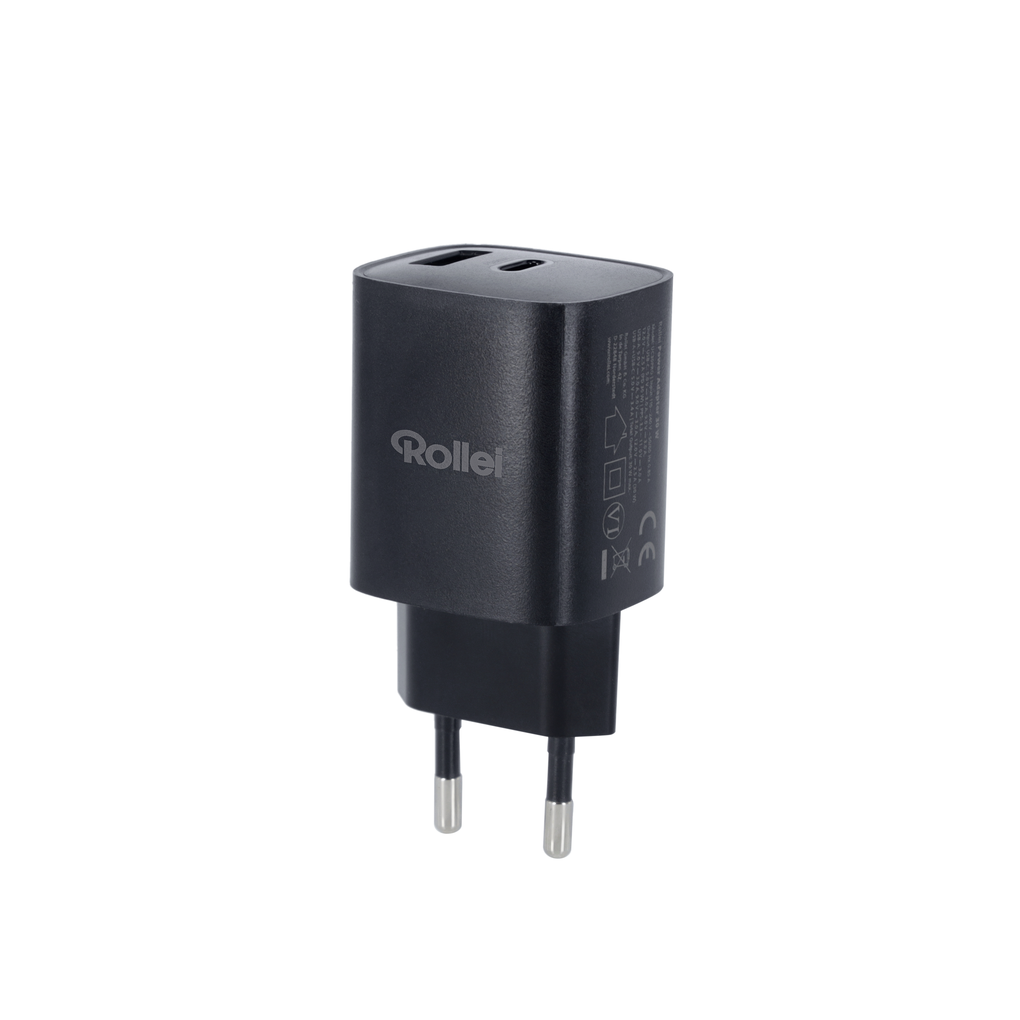 Schwarzer Rollei 30W USB-C Ladegerät mit zwei Anschlüssen und CE-Zeichen.