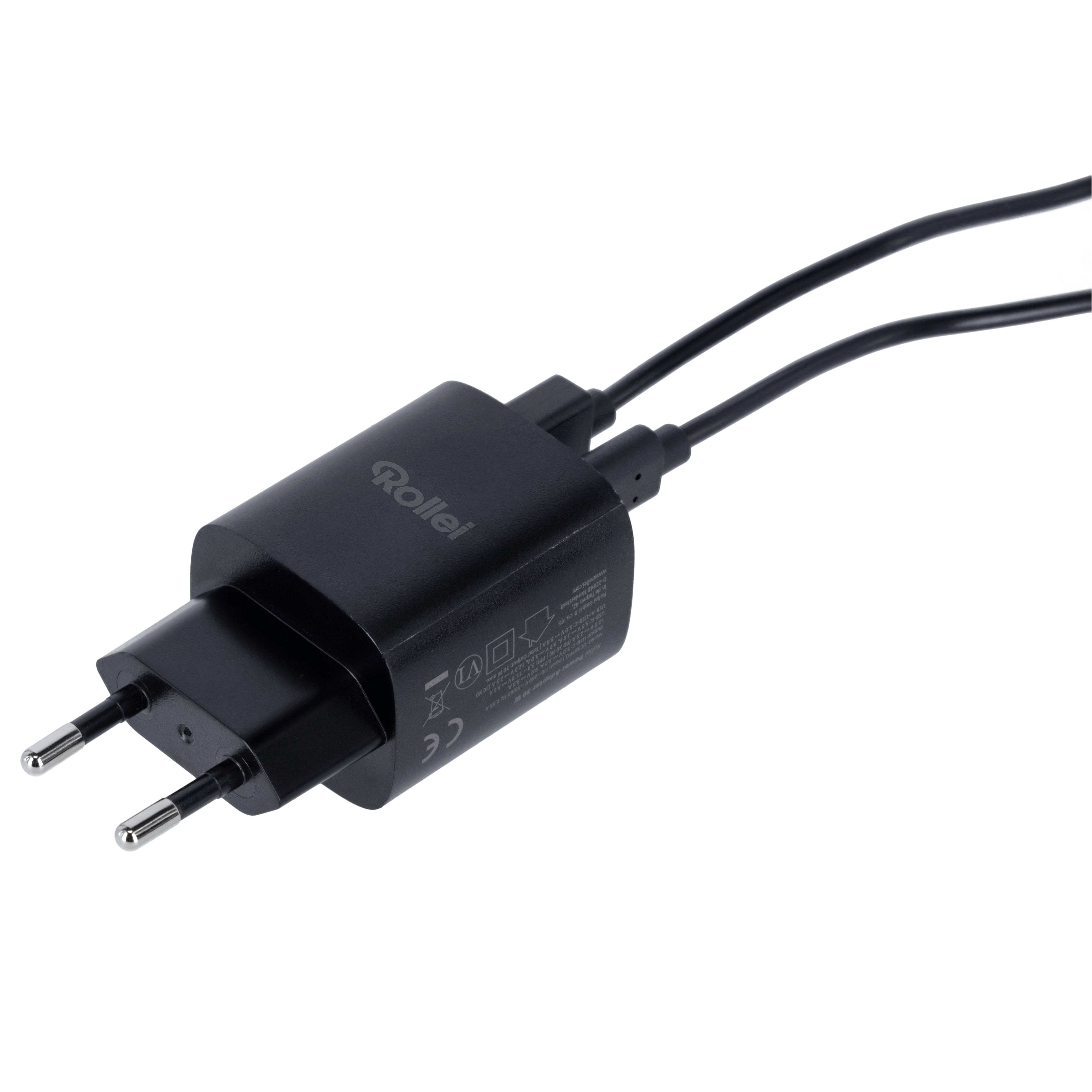 Schwarzer Rollei USB-C Ladegerät mit zwei Kabeln und Eurostecker.
