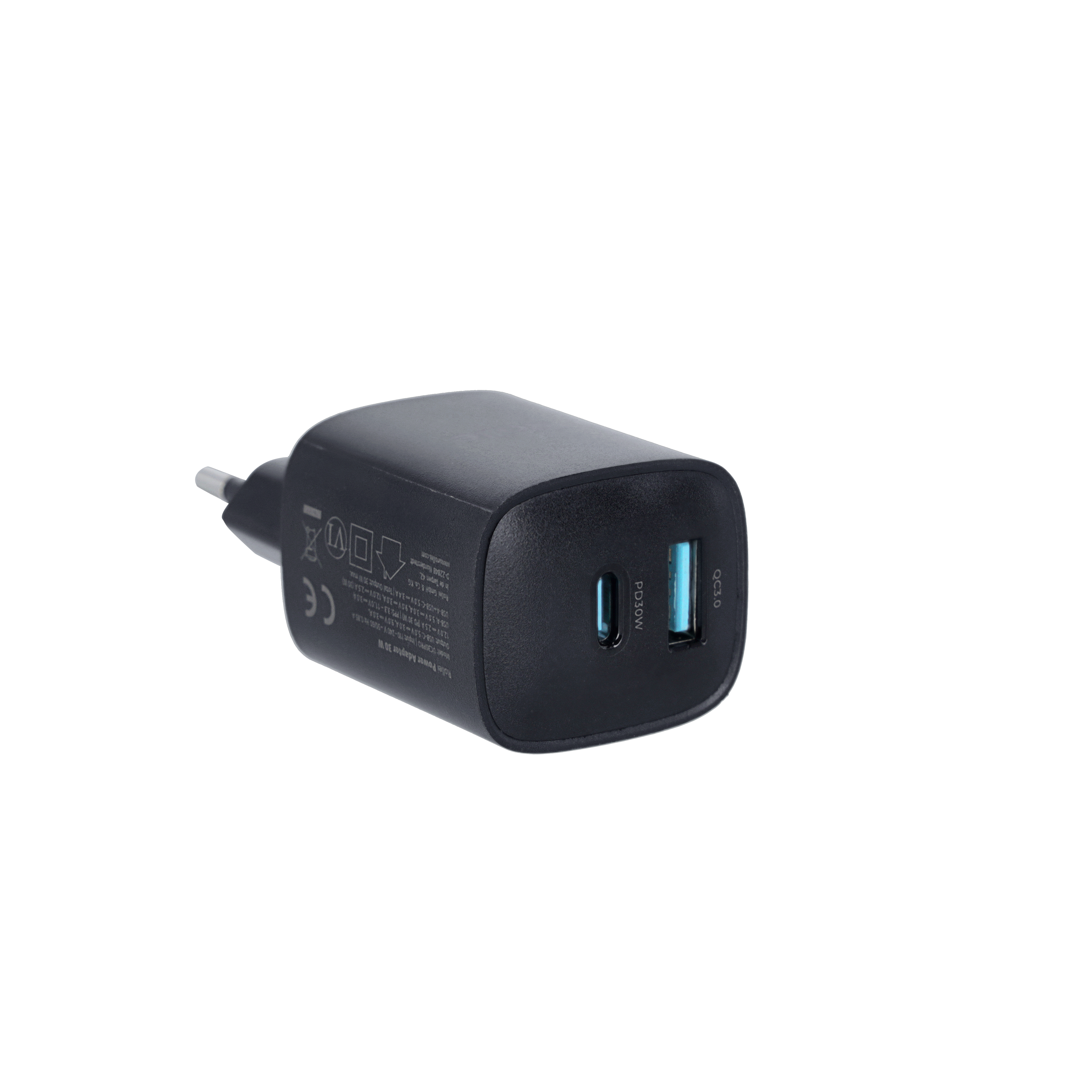 Schwarzer USB-C-Ladestecker mit zwei Anschlüssen (PD30W, QC3.0) auf schwarzem Hintergrund.