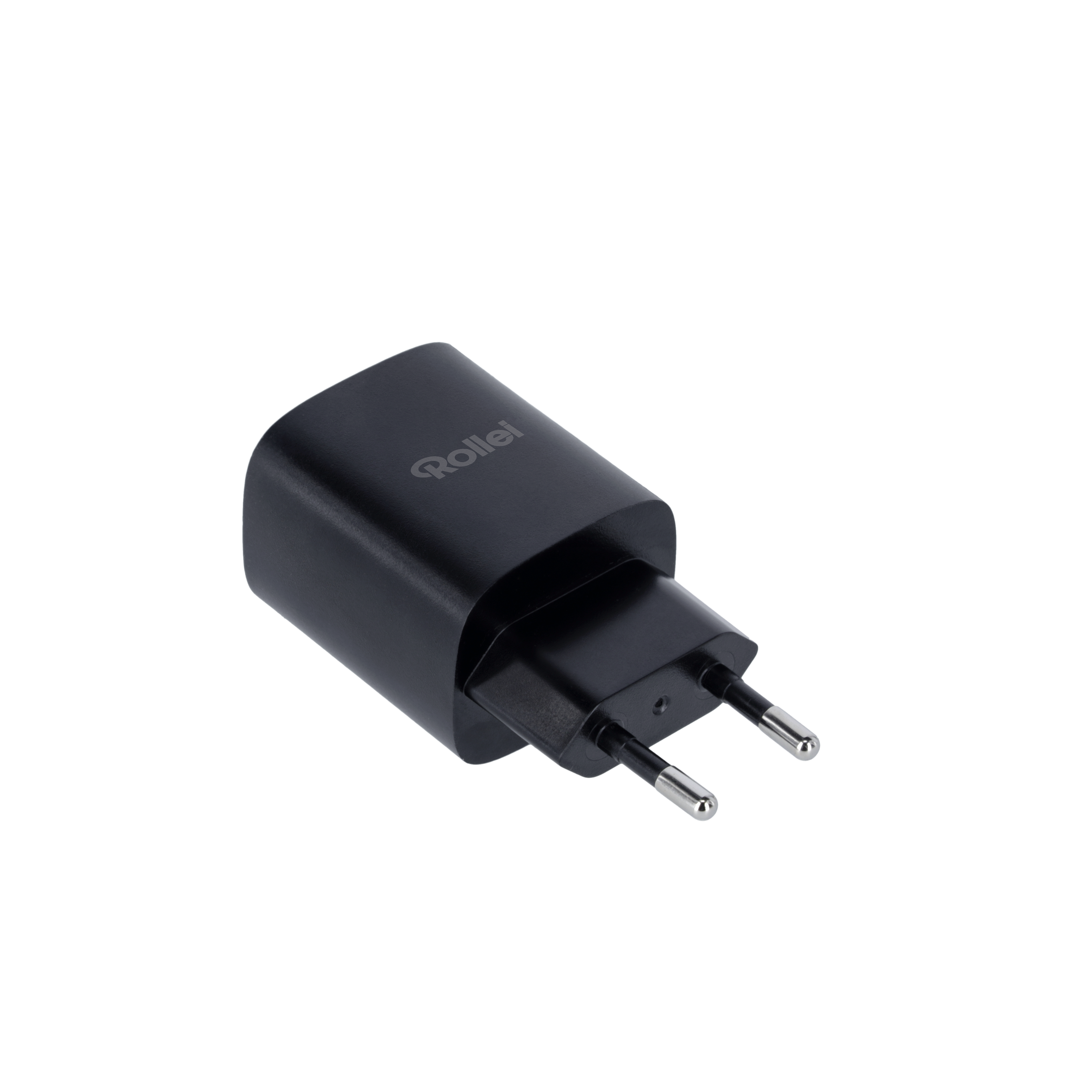 Ein schwarzer Rollei Netzsteckeradapter mit zwei Metallstiften.