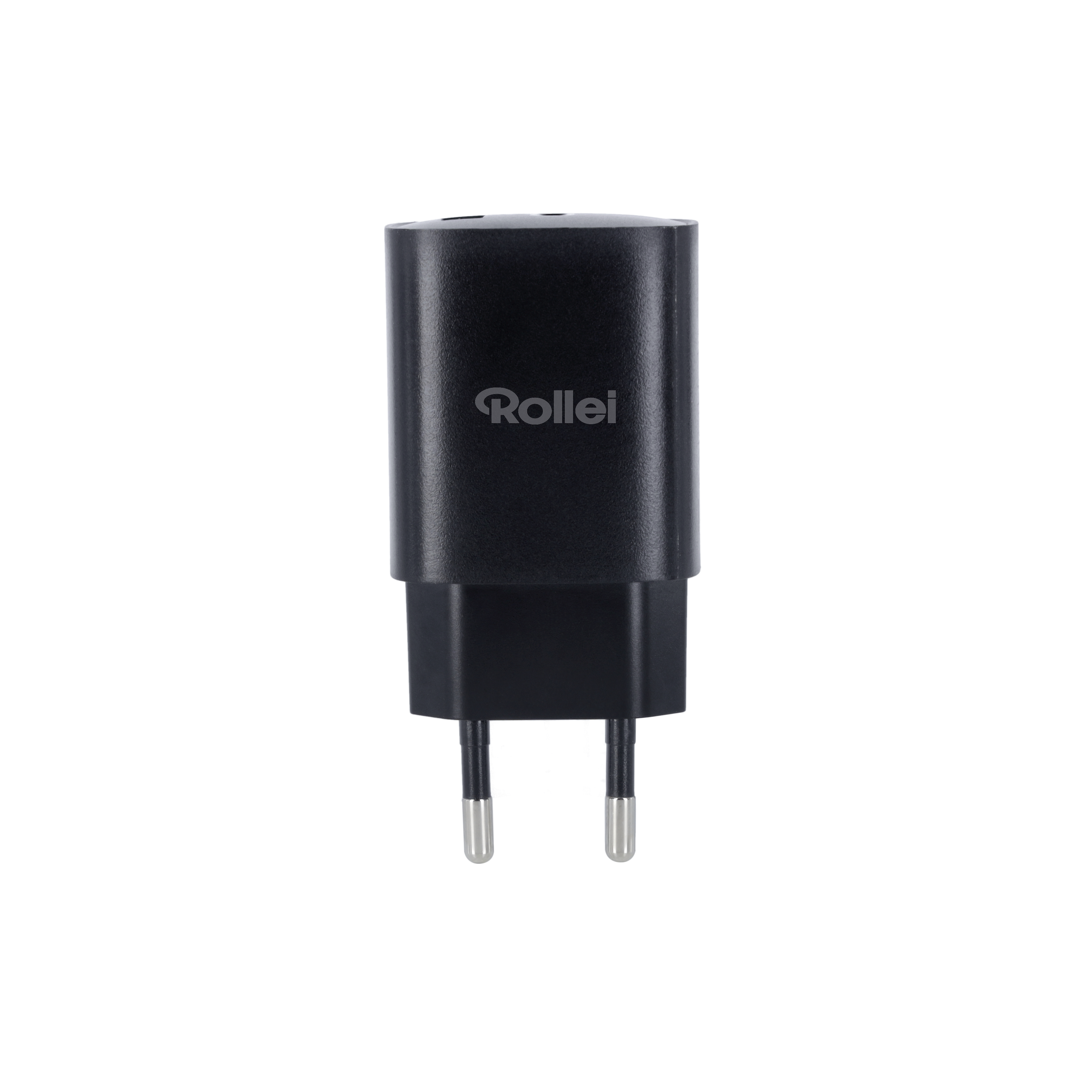 Schwarzer Rollei Netzstecker mit zwei silbernen Pins. Logo oben.