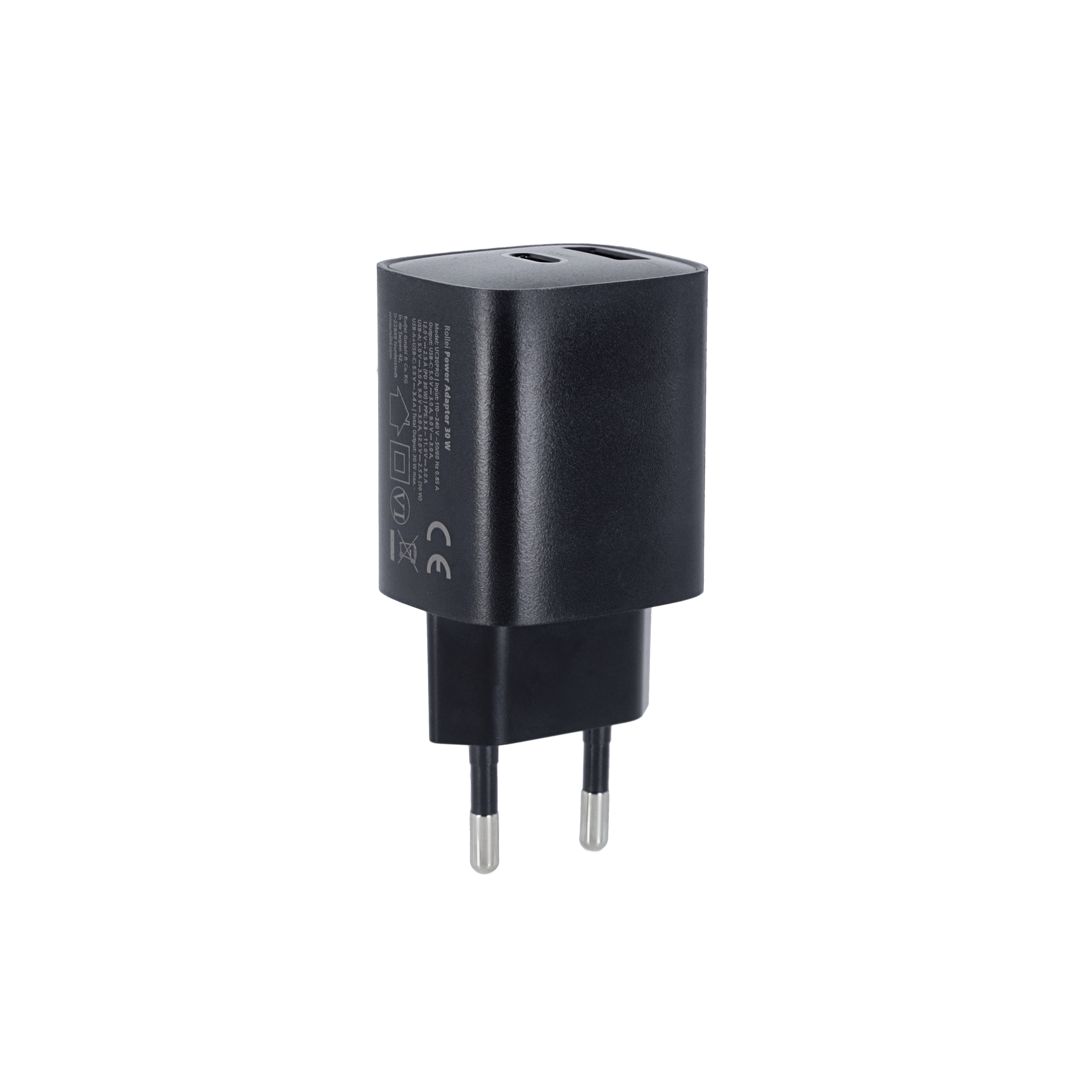 Schwarzer Rollei 30W Netzadapter mit zwei USB-Anschlüssen und Eurostecker.