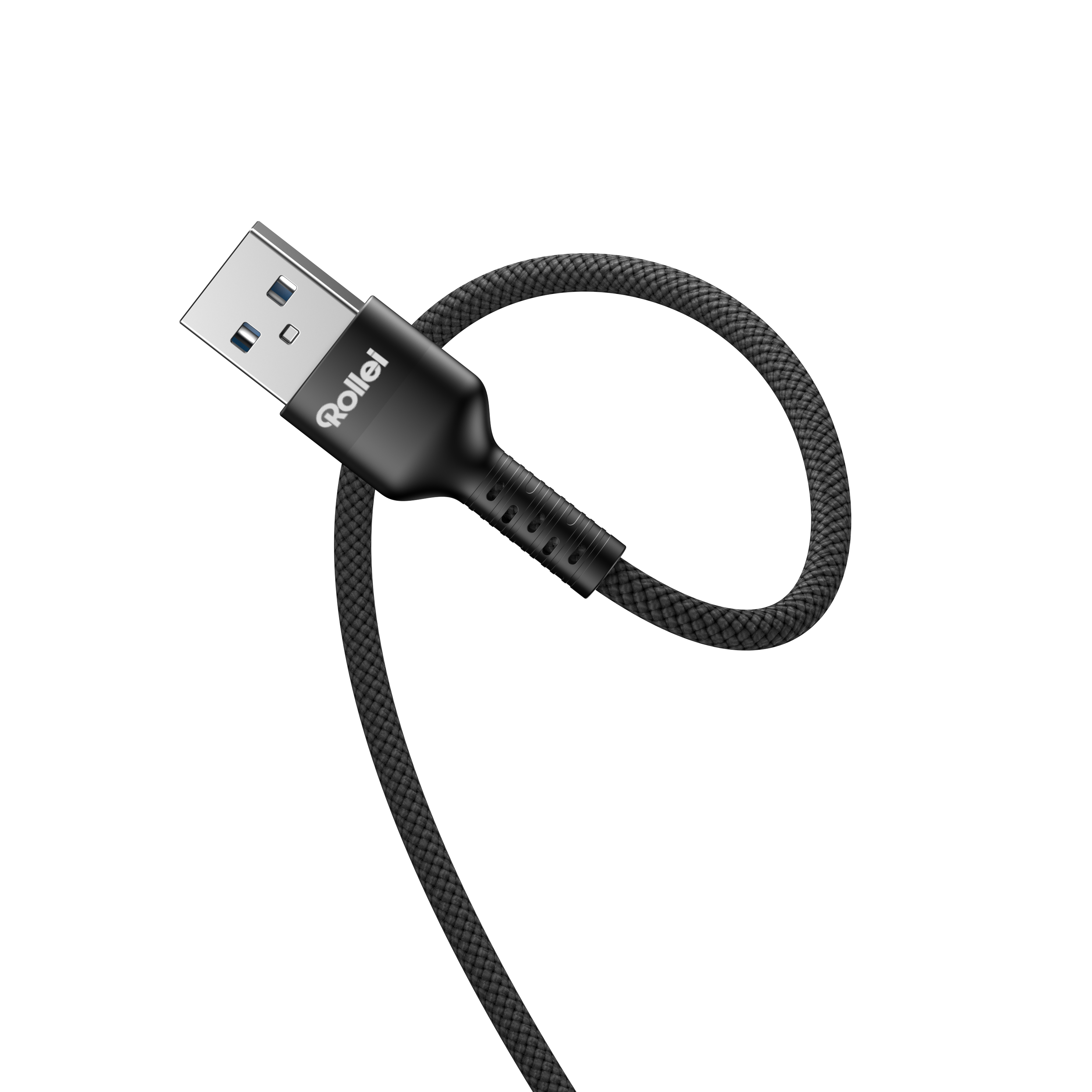 Ein schwarzes USB-Kabel mit silbernem Stecker und weißem Schriftzug liegt auf schwarzem Grund.