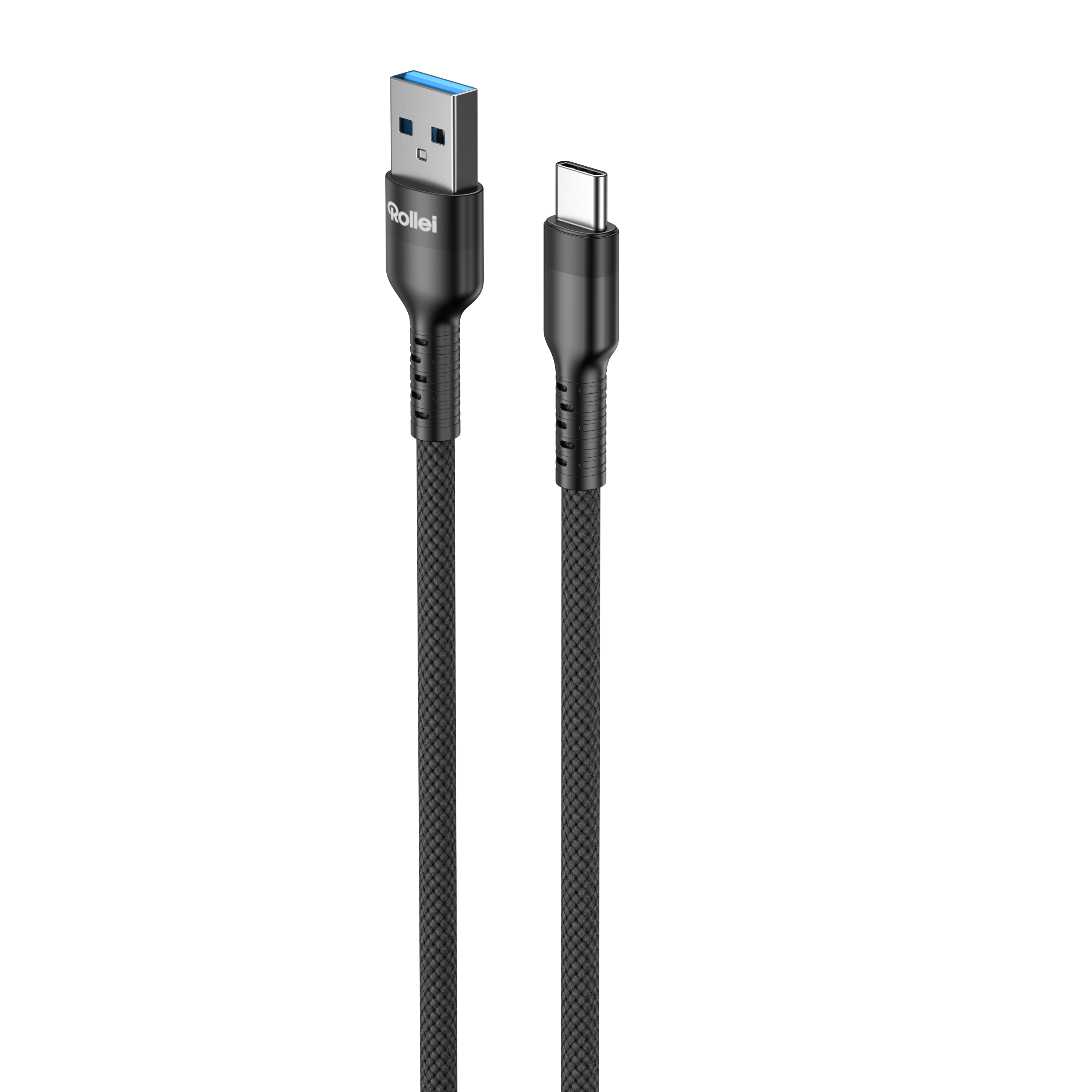 Schwarzes USB-C zu USB-A Kabel mit Rollei-Logo. Geflochtenes Kabel.