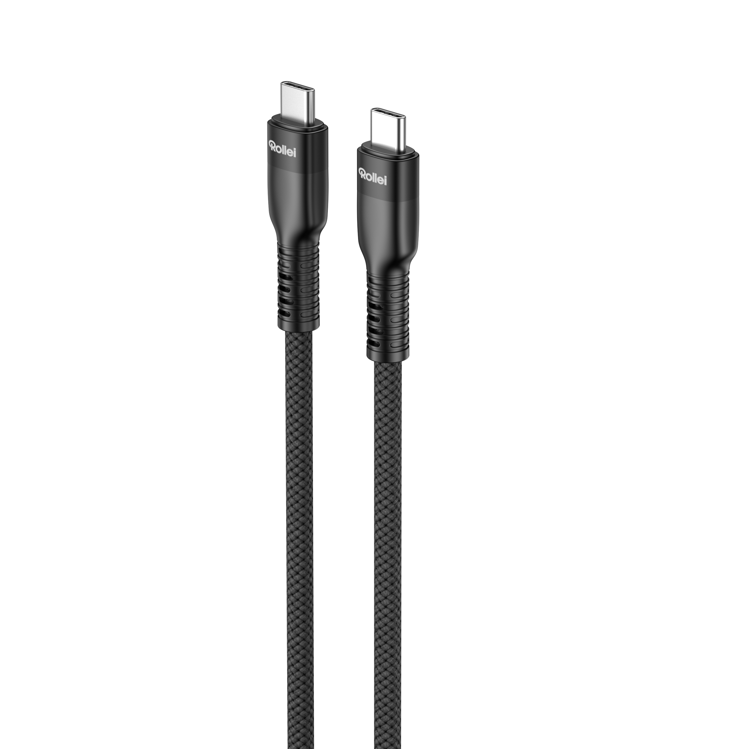 Zwei schwarze USB-C-Kabel mit texturiertem Gewebe und silbernen Anschlüssen.