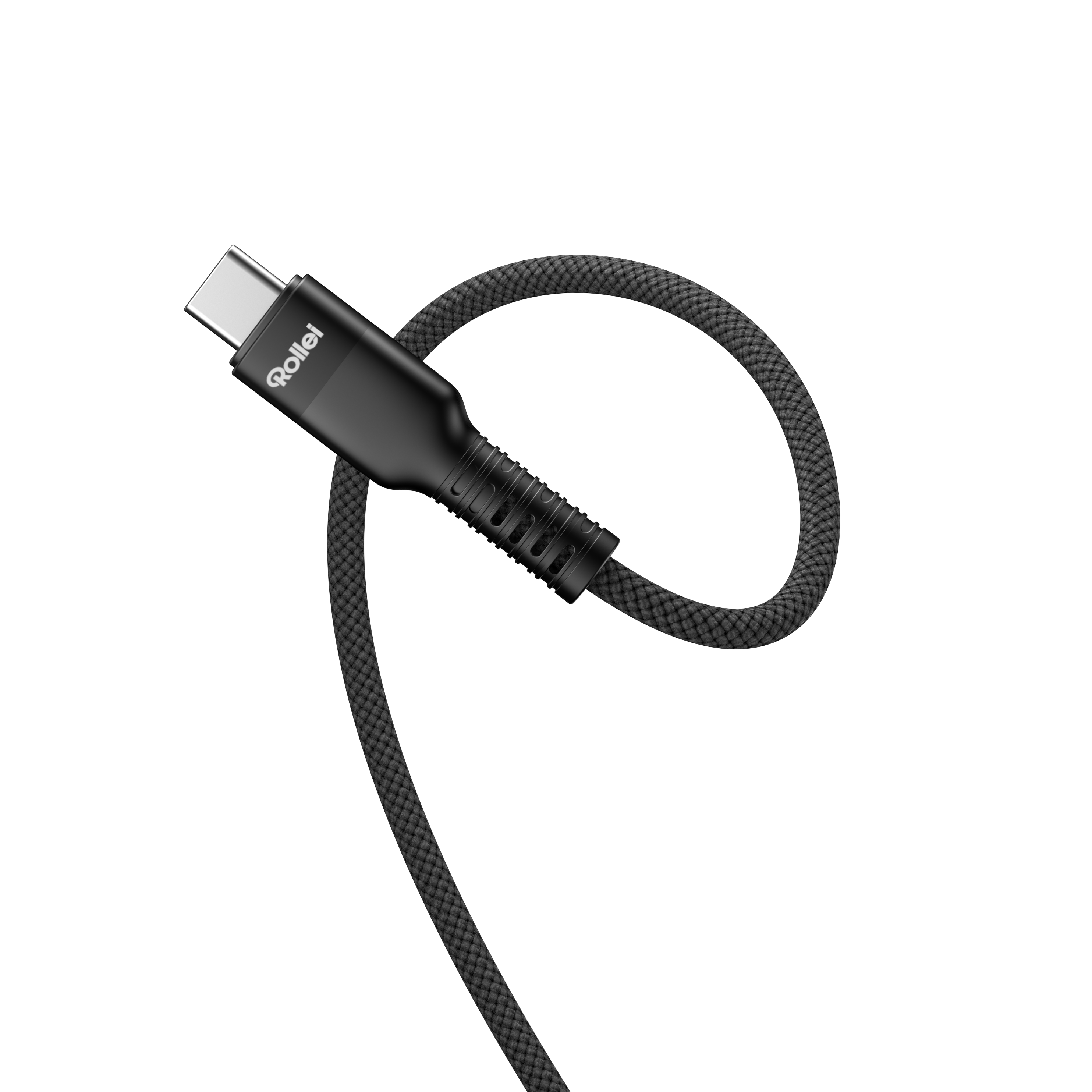 Schwarzes USB-C-Kabel mit silbernem Stecker und Rollei-Logo, auf schwarzem Hintergrund.