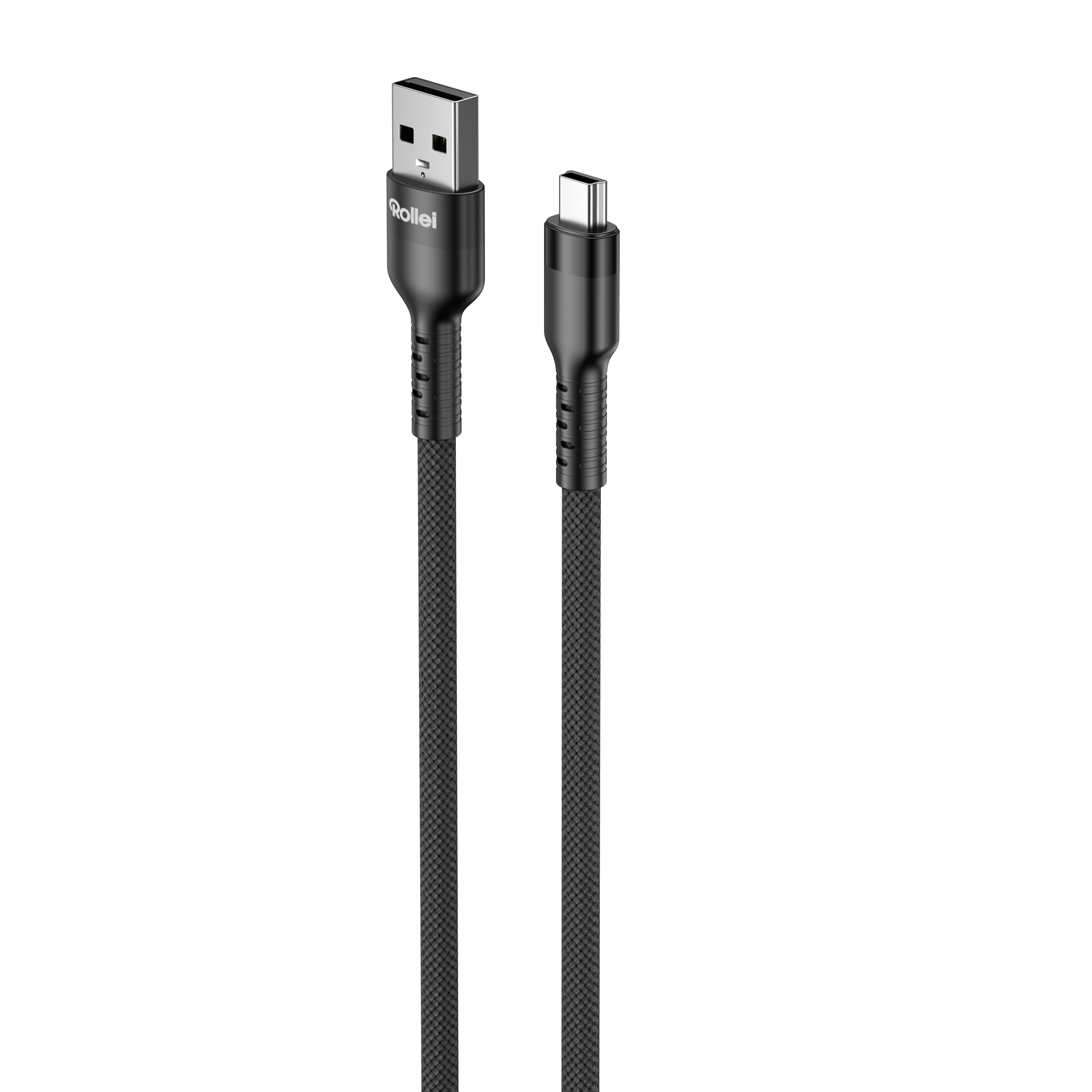 Ein schwarzes USB-C-zu-USB-A-Kabel mit Rollei-Logo.