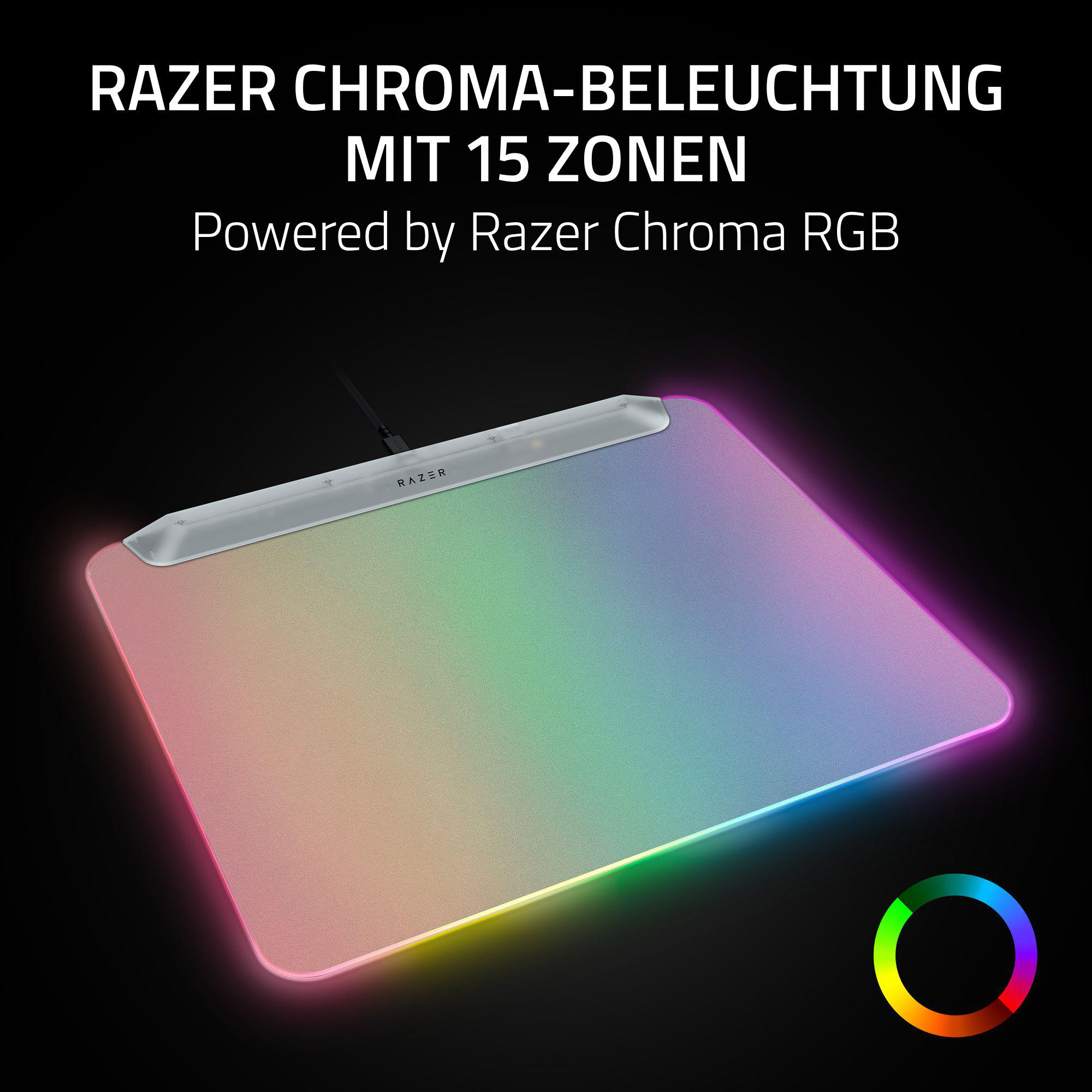 Razer Chroma Mauspad mit RGB-Beleuchtung und Farbkreis-Symbol.