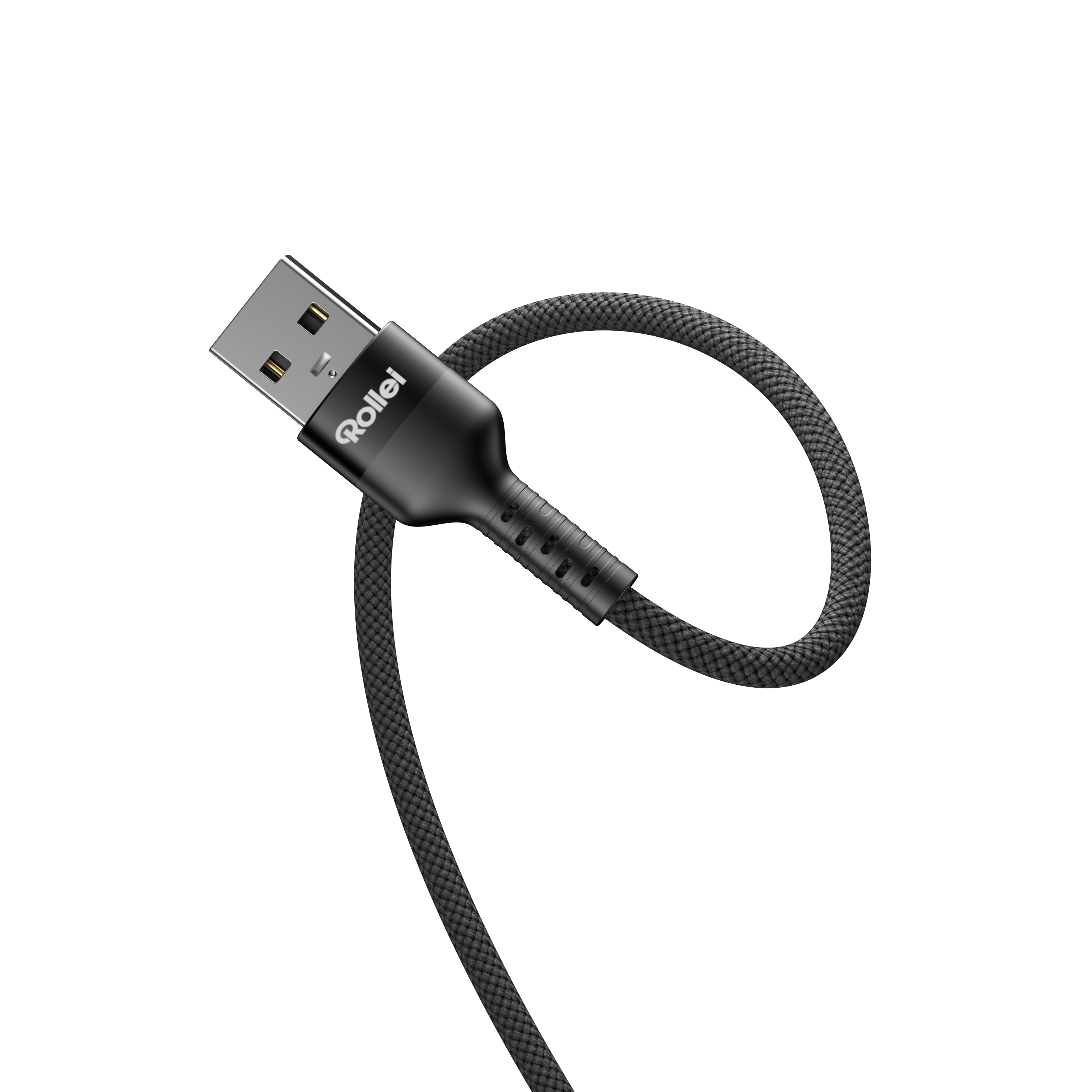 Ein schwarzes USB-Kabel mit silbernem Stecker auf schwarzem Hintergrund.