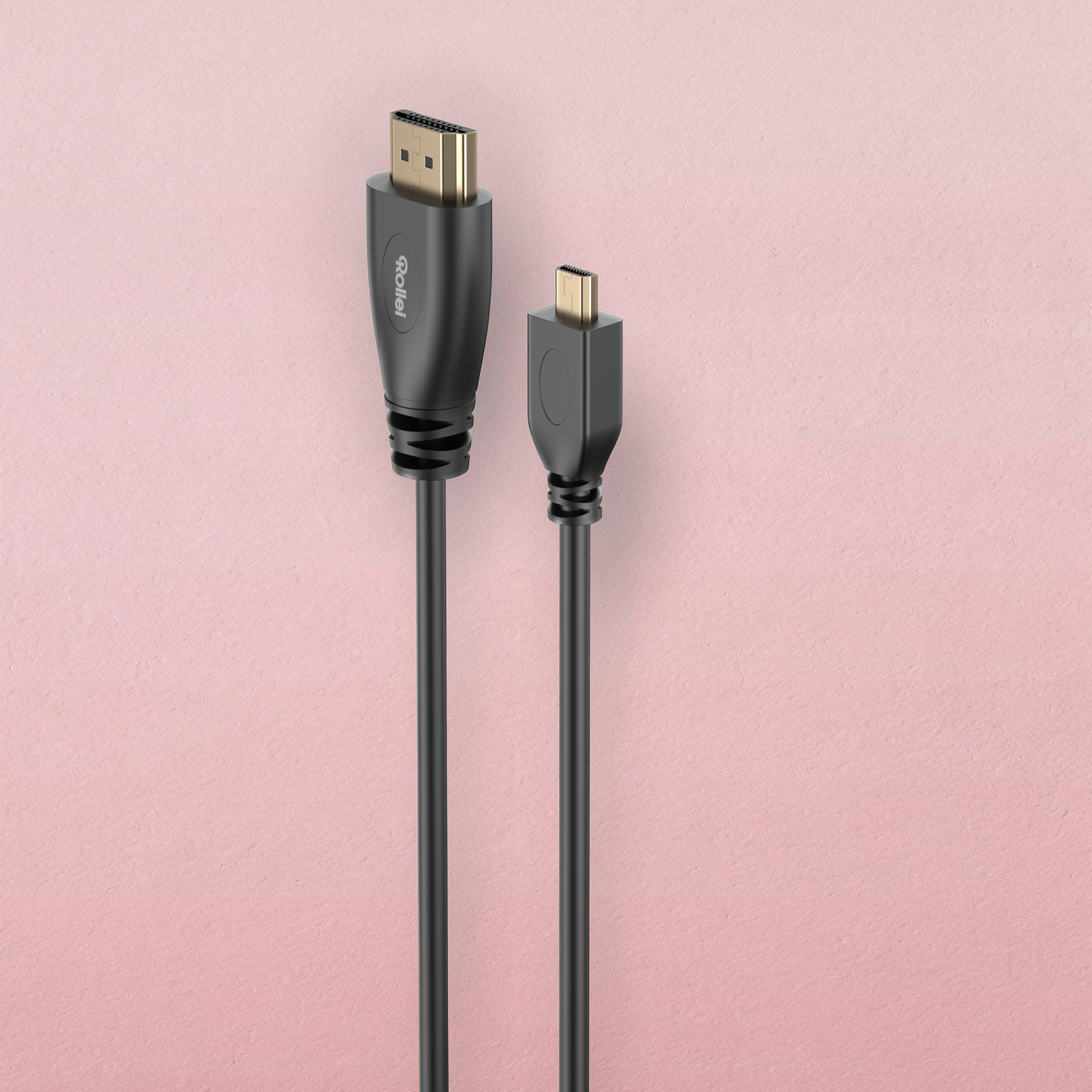 Zwei schwarze Kabel mit HDMI- und Micro-USB-Anschlüssen auf rosa Untergrund.