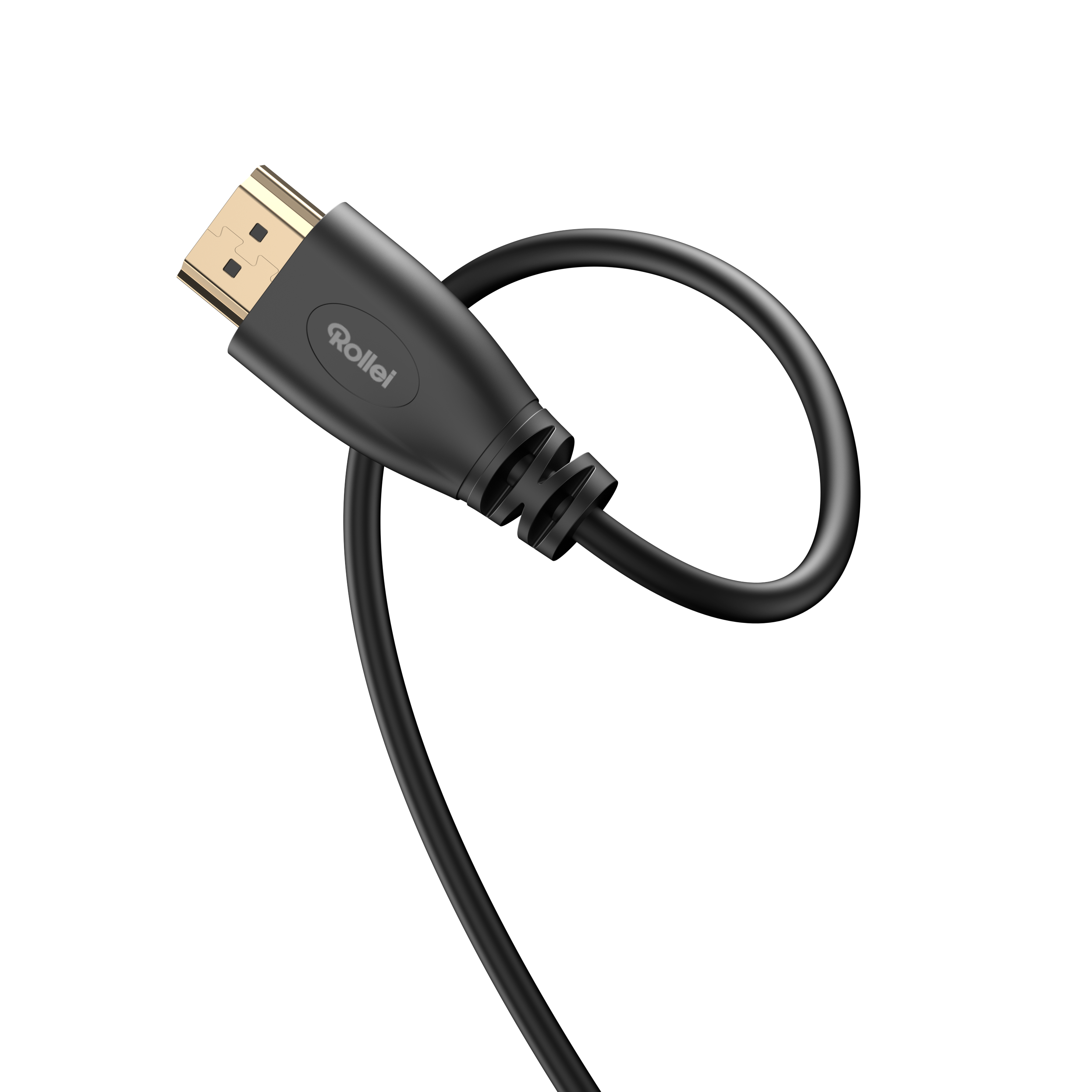 Ein schwarzes HDMI-Kabel mit goldenem Stecker auf schwarzem Hintergrund.