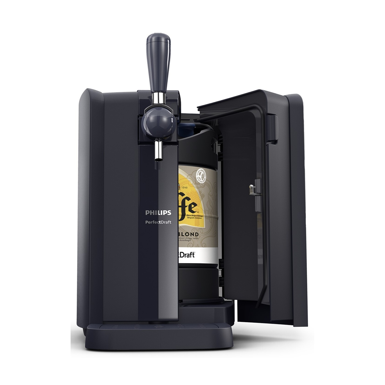 Spillatore birra Philips PerfectDraft blu scuro con porta aperta. Un fusto di birra è visibile.