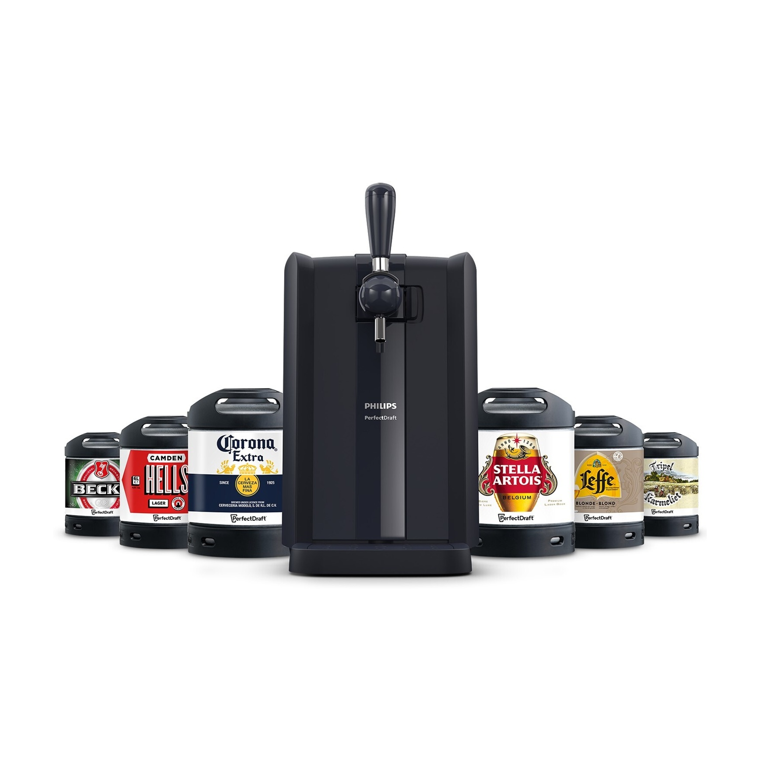Un erogatore di birra Philips PerfectDraft nero davanti, circondato da fusti di birra.